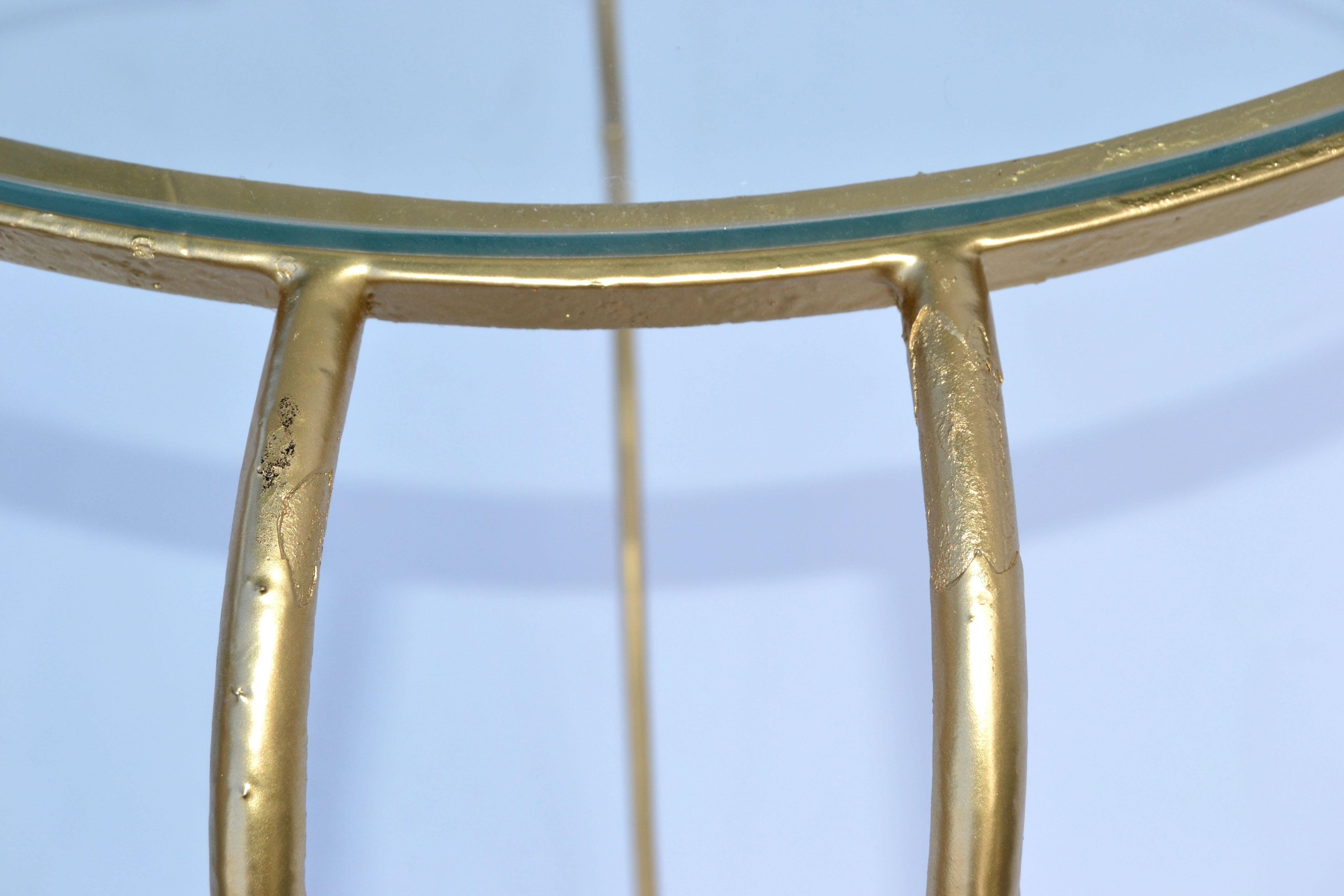 Art Deco Gold Finish Round Wrought Iron & Glass Top Cocktail Table, France, 1950 For Sale 7