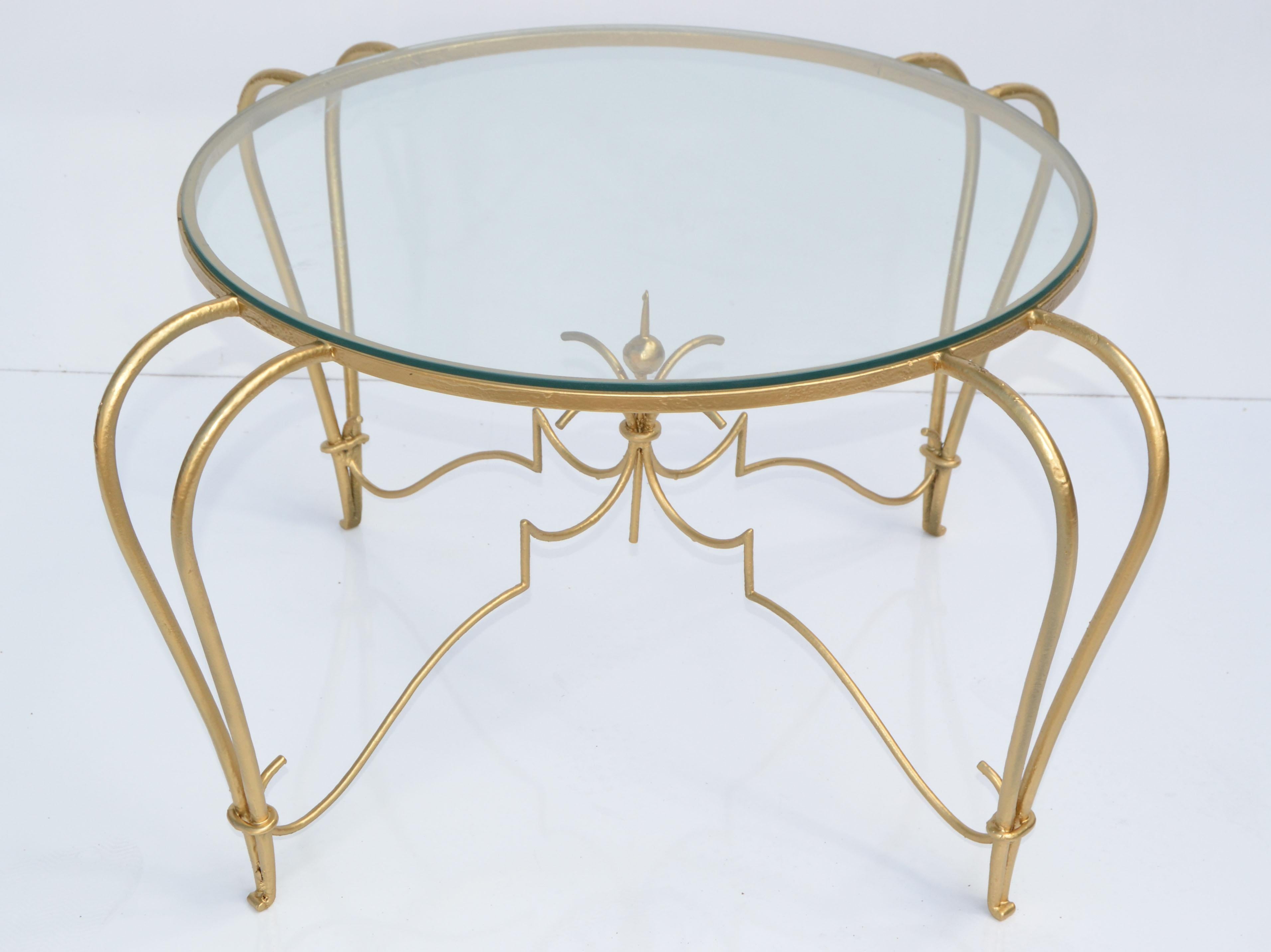 Art Deco Gold Finish Round Wrought Iron & Glass Top Cocktail Table, France, 1950 For Sale 9
