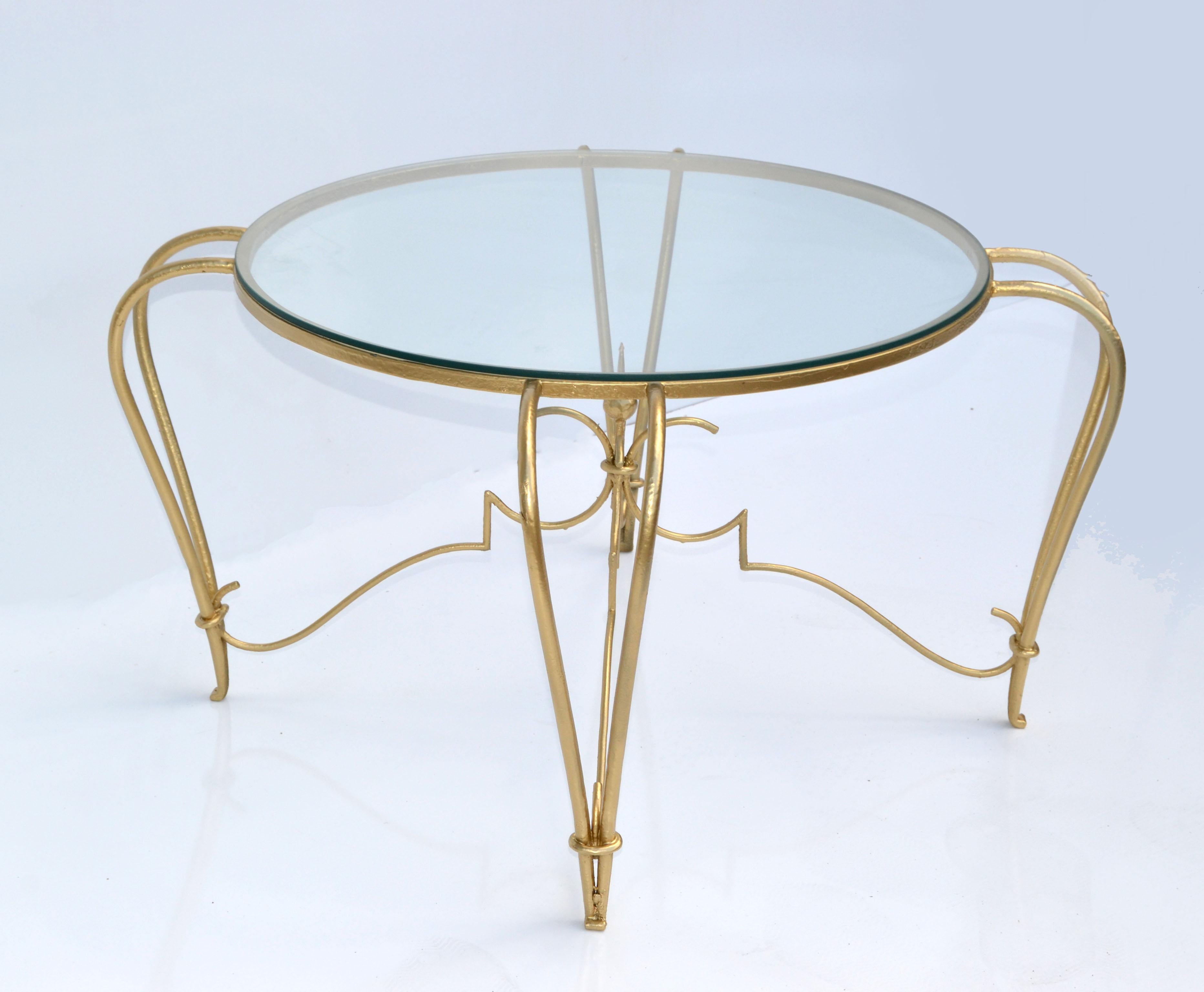 French Art Deco Gold Finish Round Wrought Iron & Glass Top Cocktail Table, France, 1950 For Sale