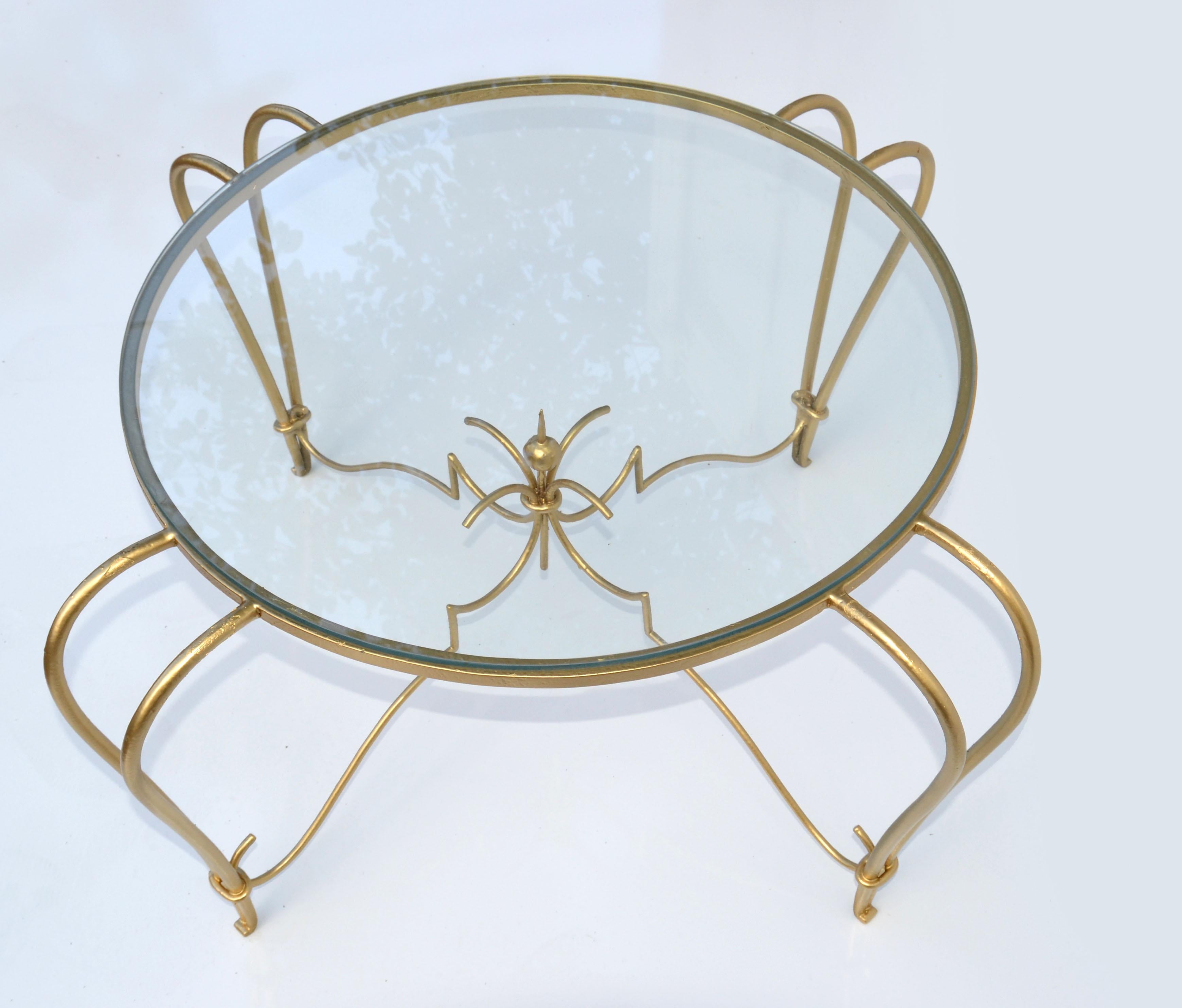 Art Deco Gold Finish Round Wrought Iron & Glass Top Cocktail Table, France, 1950 In Good Condition For Sale In Miami, FL