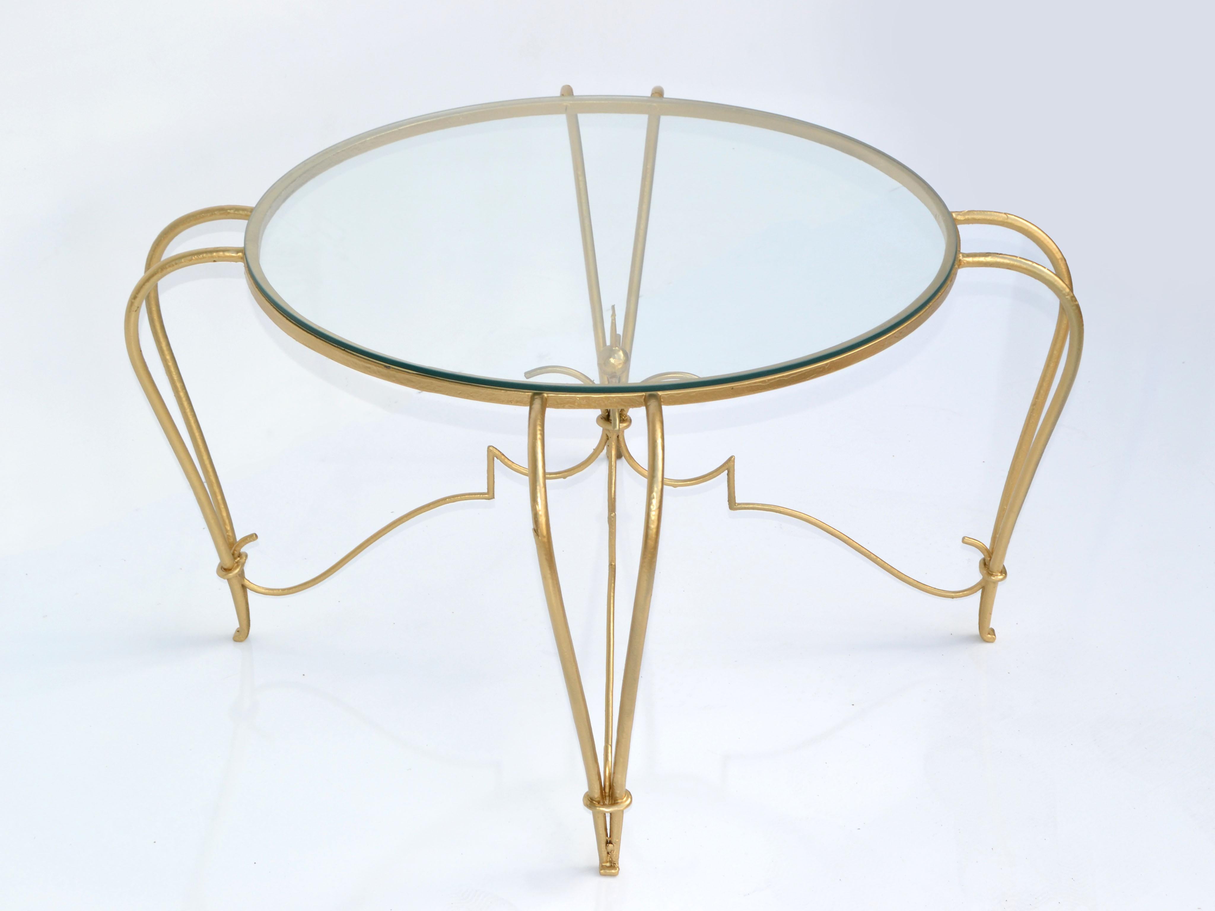 20th Century Art Deco Gold Finish Round Wrought Iron & Glass Top Cocktail Table, France, 1950 For Sale