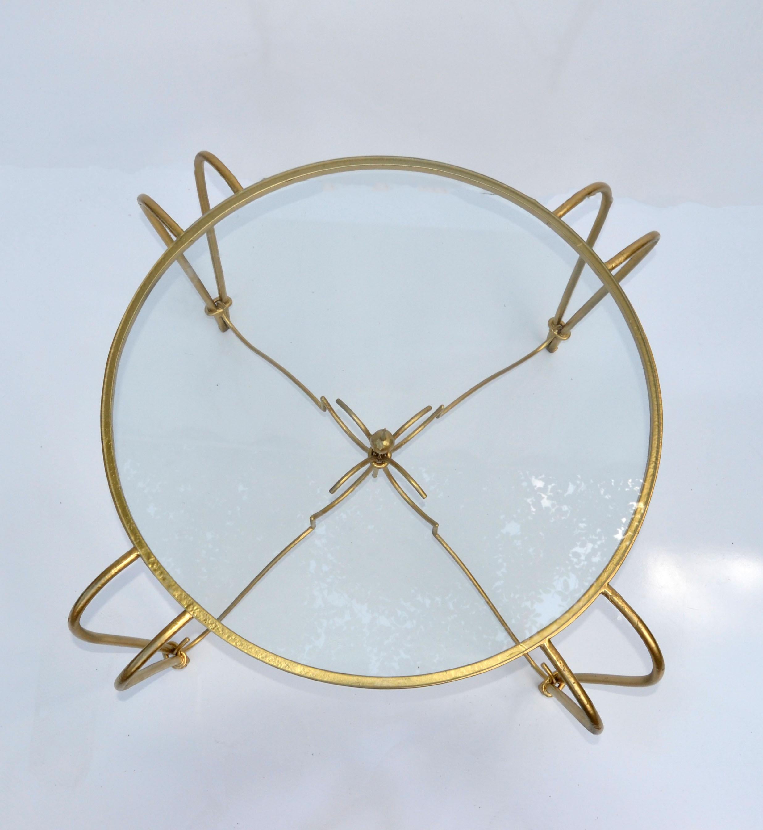 Art Deco Gold Finish Round Wrought Iron & Glass Top Cocktail Table, France, 1950 For Sale 1