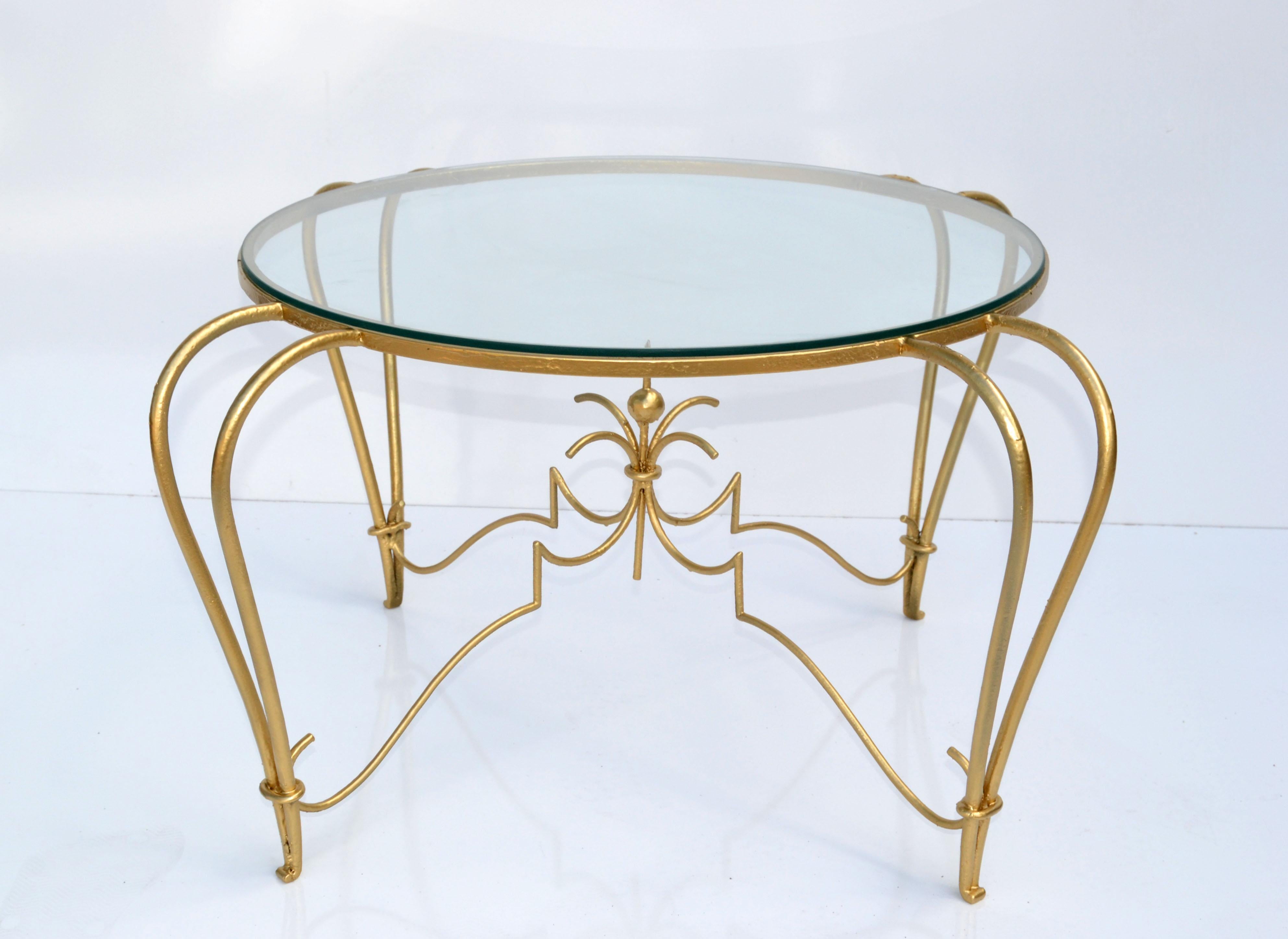 Art Deco Gold Finish Round Wrought Iron & Glass Top Cocktail Table, France, 1950 For Sale 2