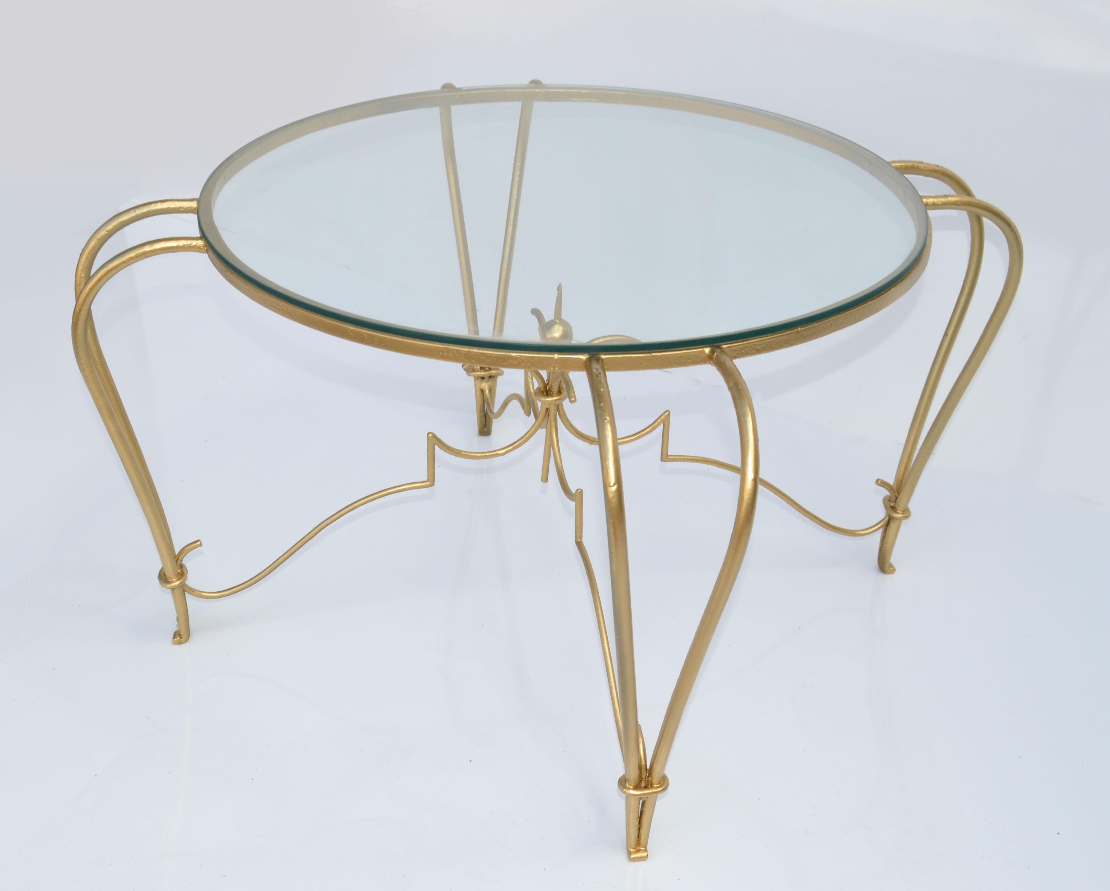 Art Deco Gold Finish Round Wrought Iron & Glass Top Cocktail Table, France, 1950 For Sale 3