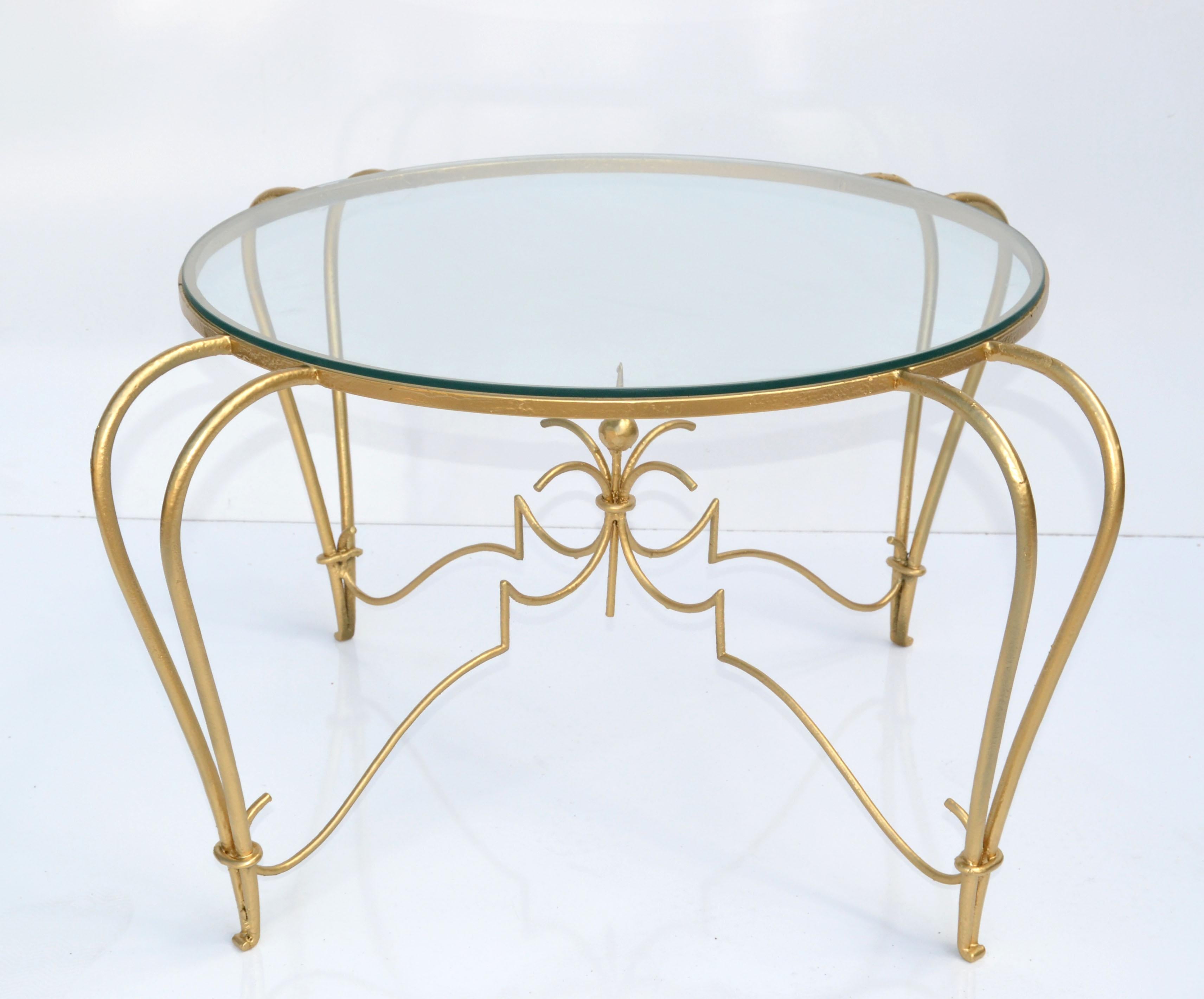 Art Deco Gold Finish Round Wrought Iron & Glass Top Cocktail Table, France, 1950 For Sale 4