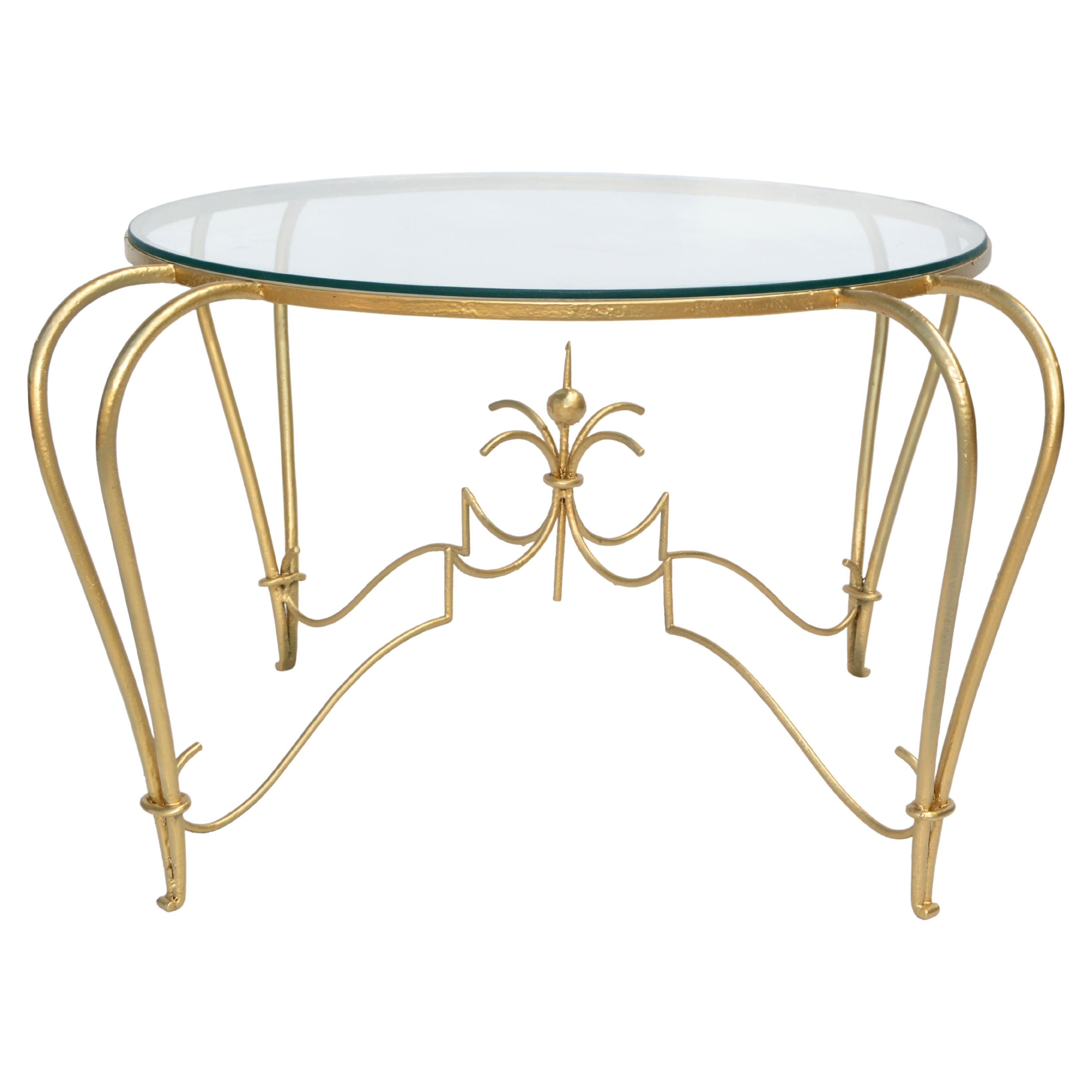 Art Deco Gold Finish Round Wrought Iron & Glass Top Cocktail Table, France, 1950 For Sale