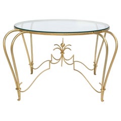 Retro Art Deco Gold Finish Round Wrought Iron & Glass Top Cocktail Table, France, 1950