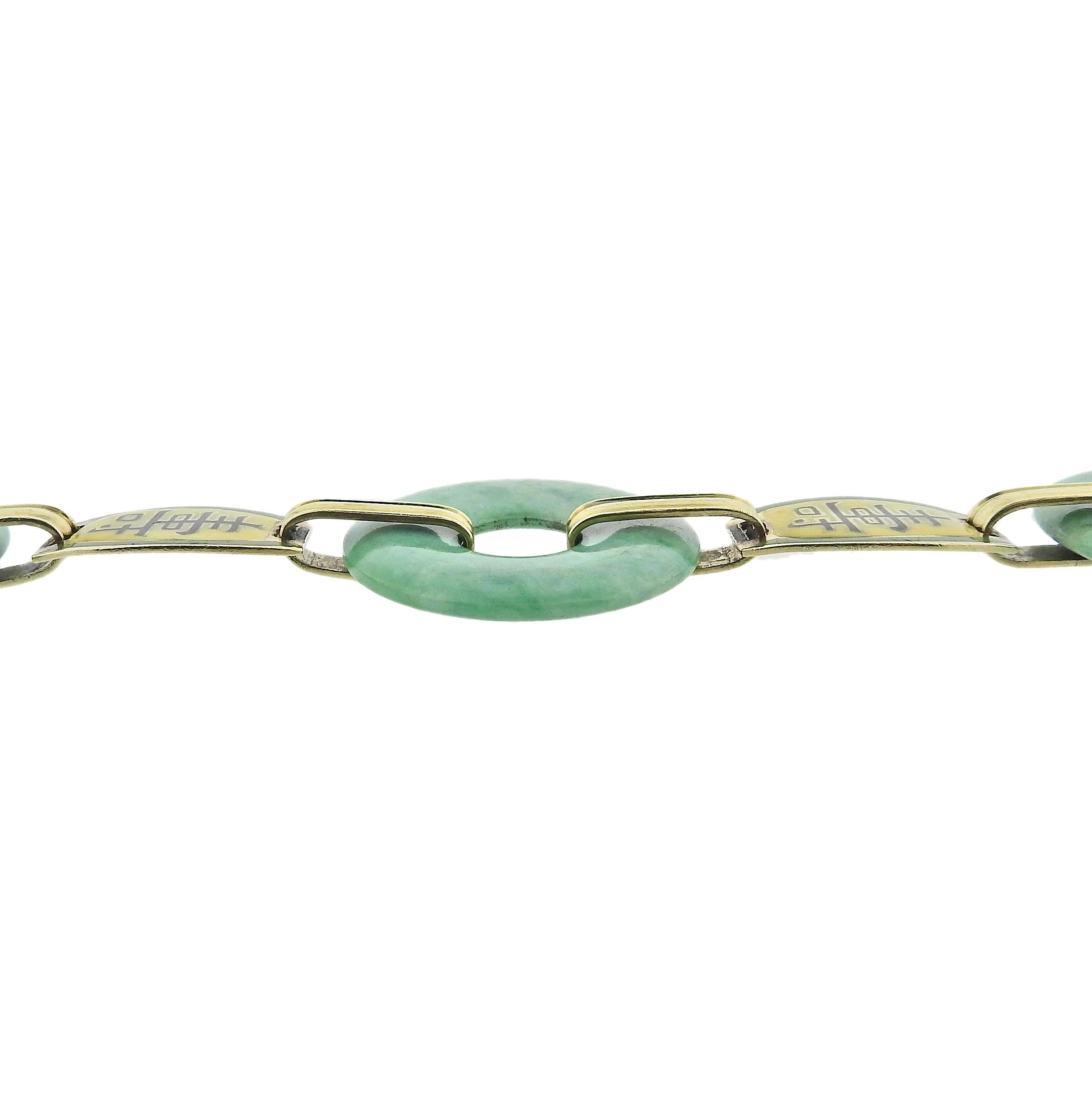 Art Deco 14k Gold Jade Enamel Bracelet. Bracelet measures 7.75