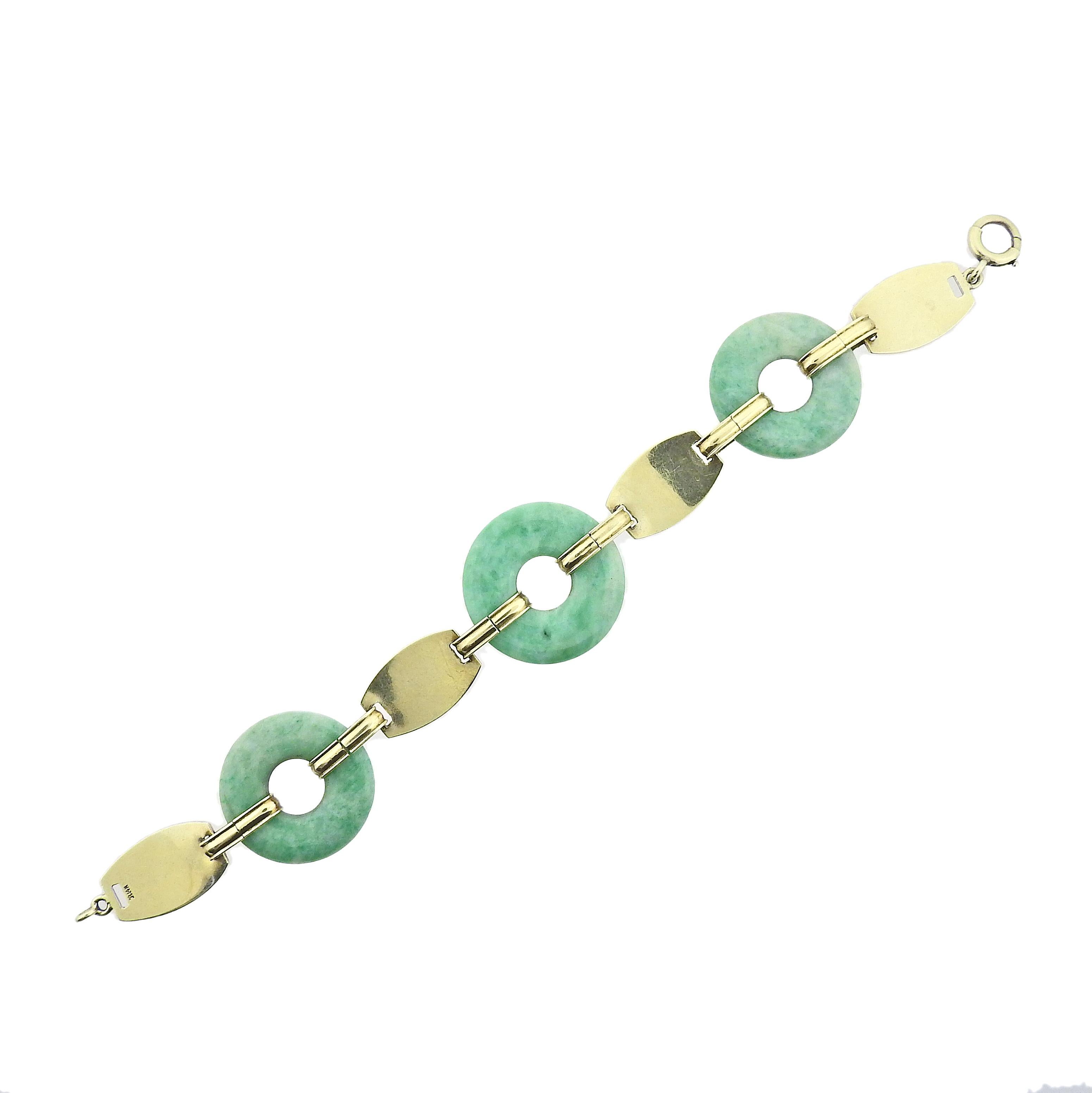 Round Cut Art Deco Gold Jade Enamel Bracelet For Sale