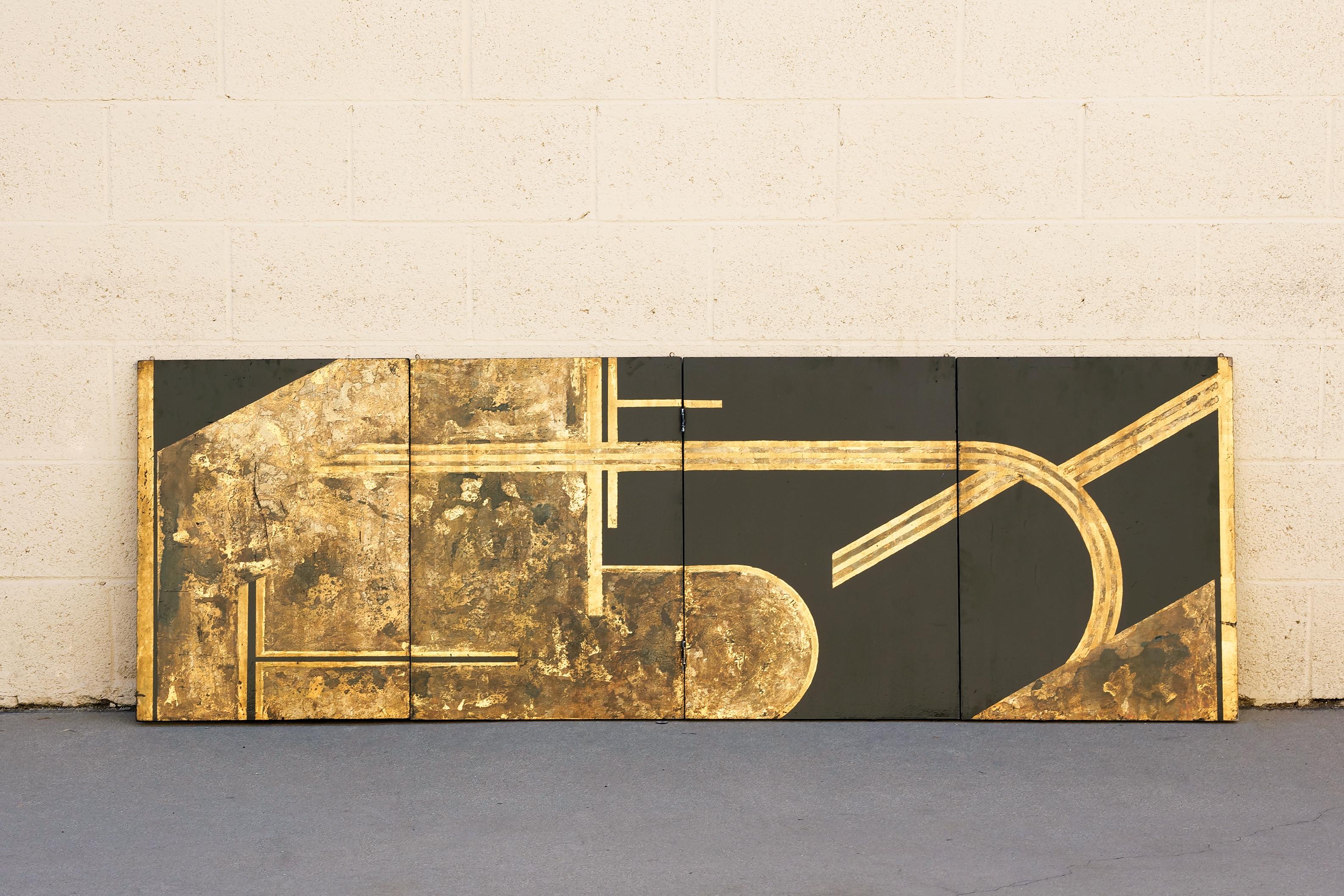 North American Art Deco Gold Leaf and Black Lacquer Folding Screen, 1930s