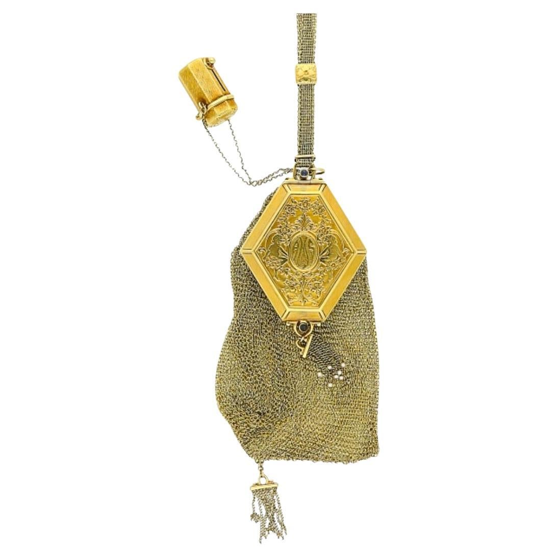 Art Deco Gold Mesh Makeup Purse with Mirror & Rouge Lipstick Holder For Sale