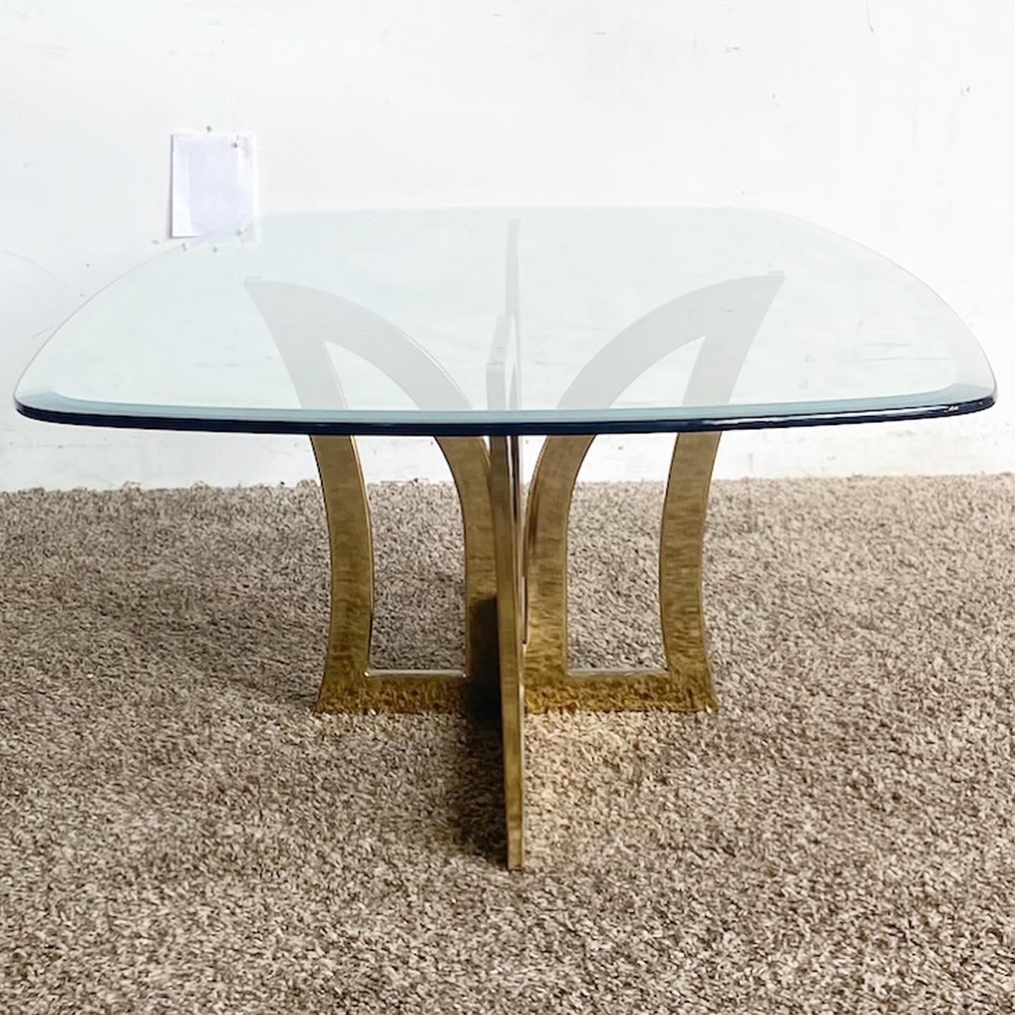 Art Deco Gold Metal Glass Top Coffee Table For Sale 2