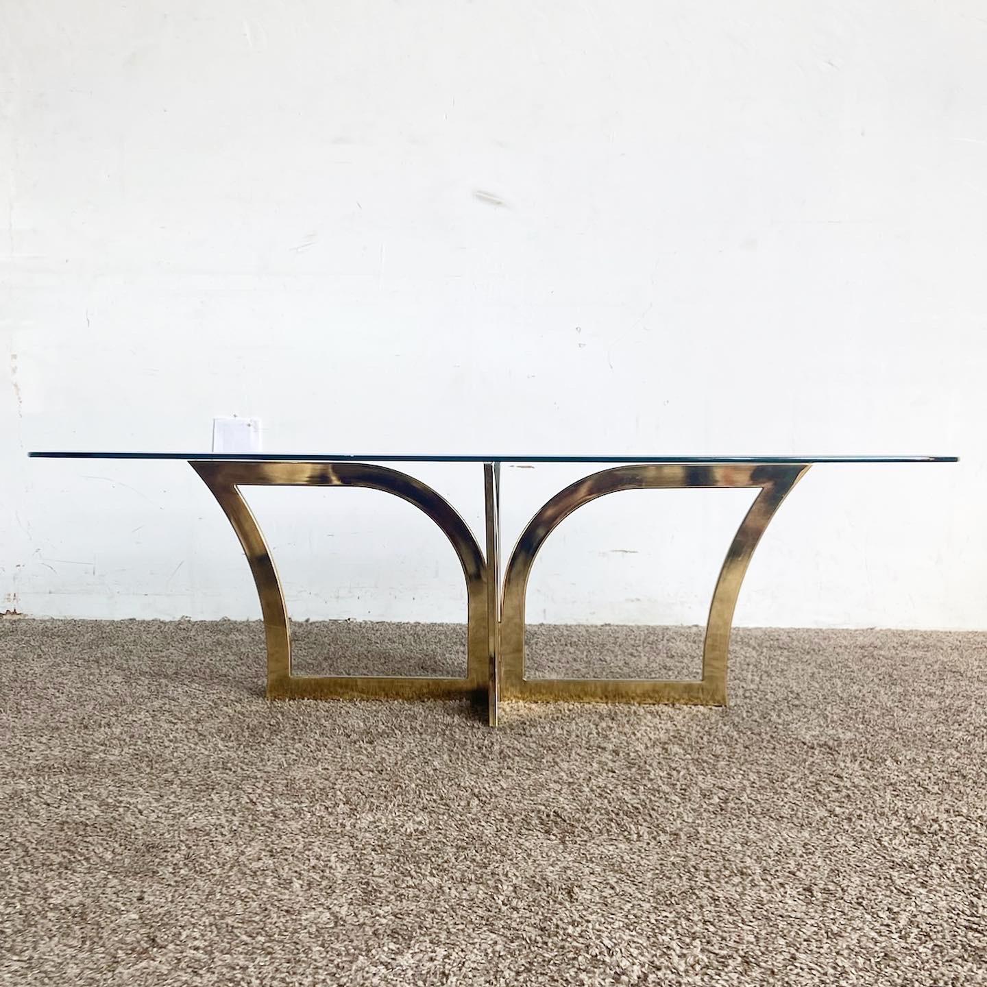 Art Deco Gold Metal Glass Top Coffee Table For Sale 4