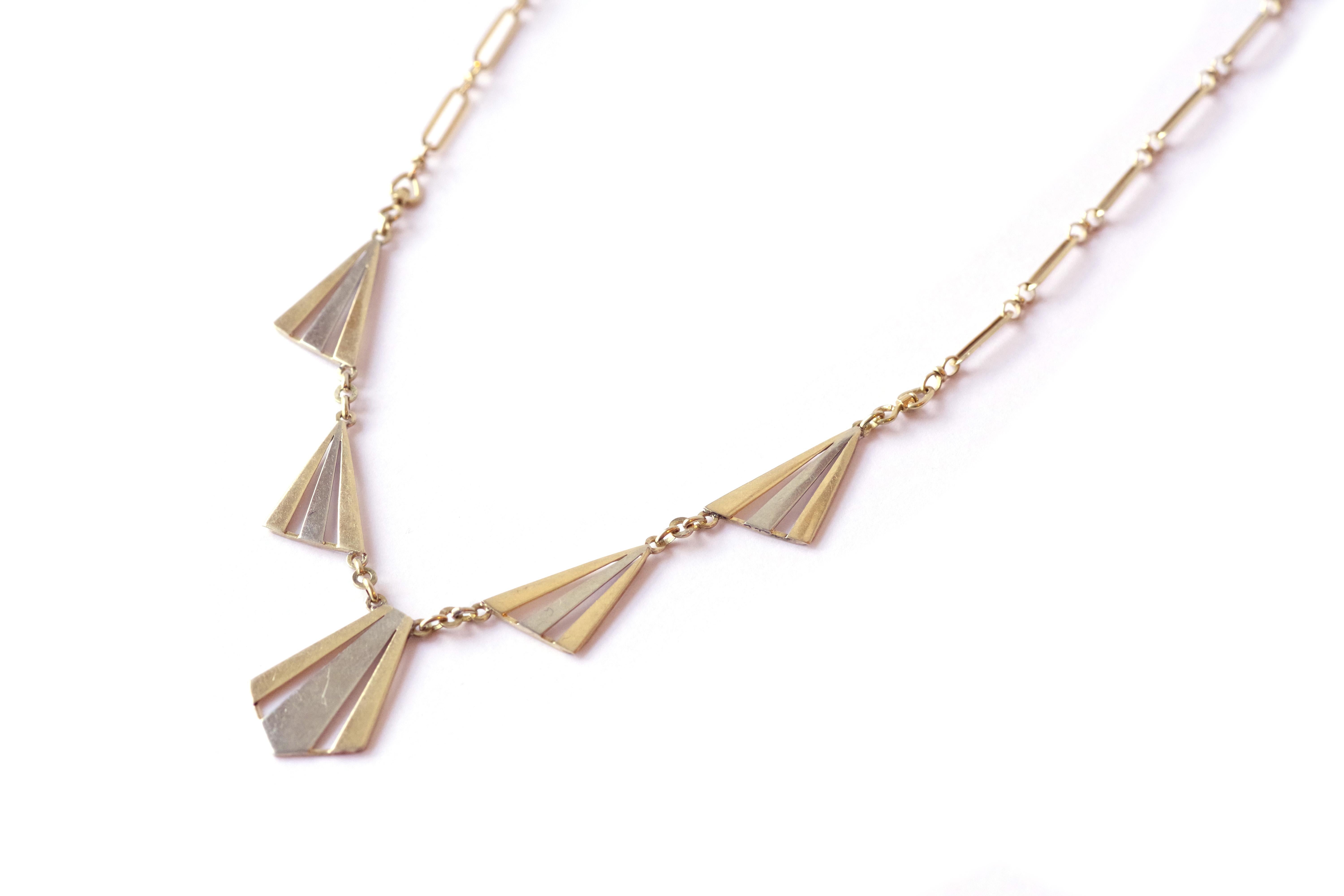 Women's Art Deco gold necklace in 18k two tones gold For Sale