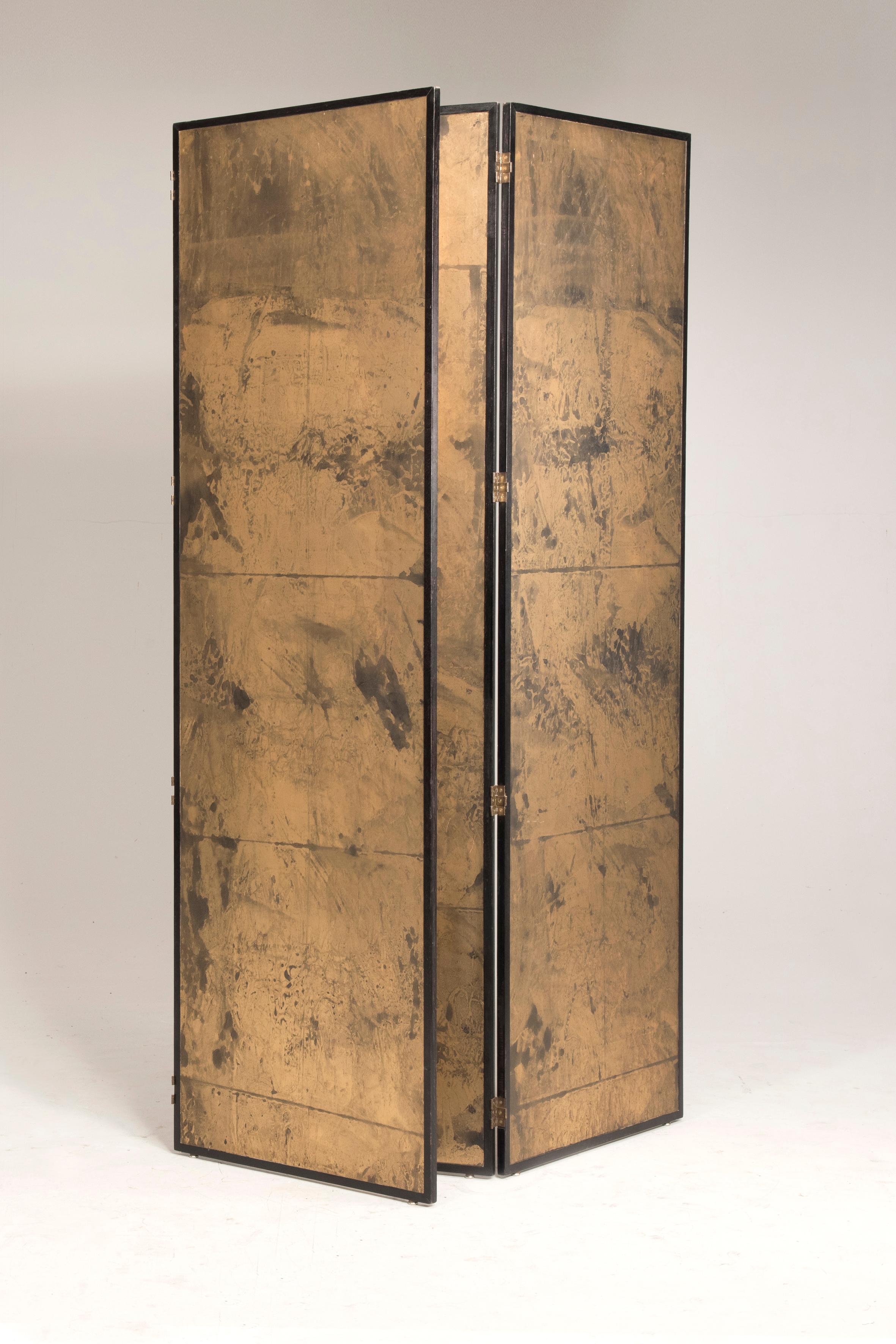 Mid-20th Century Art Deco Gold on Paper Three Panels Screen Room Divider
