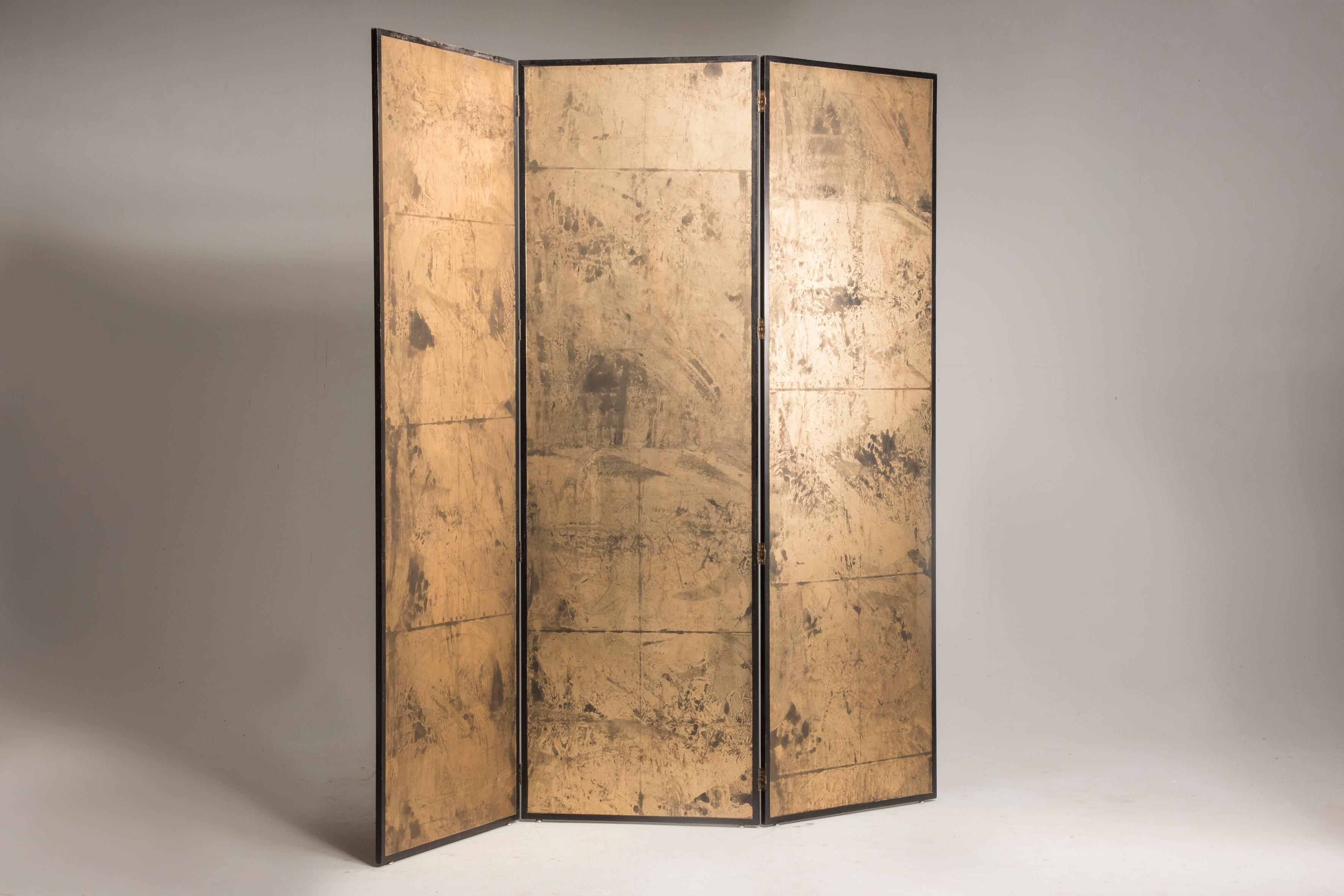 Art Deco Gold on Paper Three Panels Screen Room Divider 1