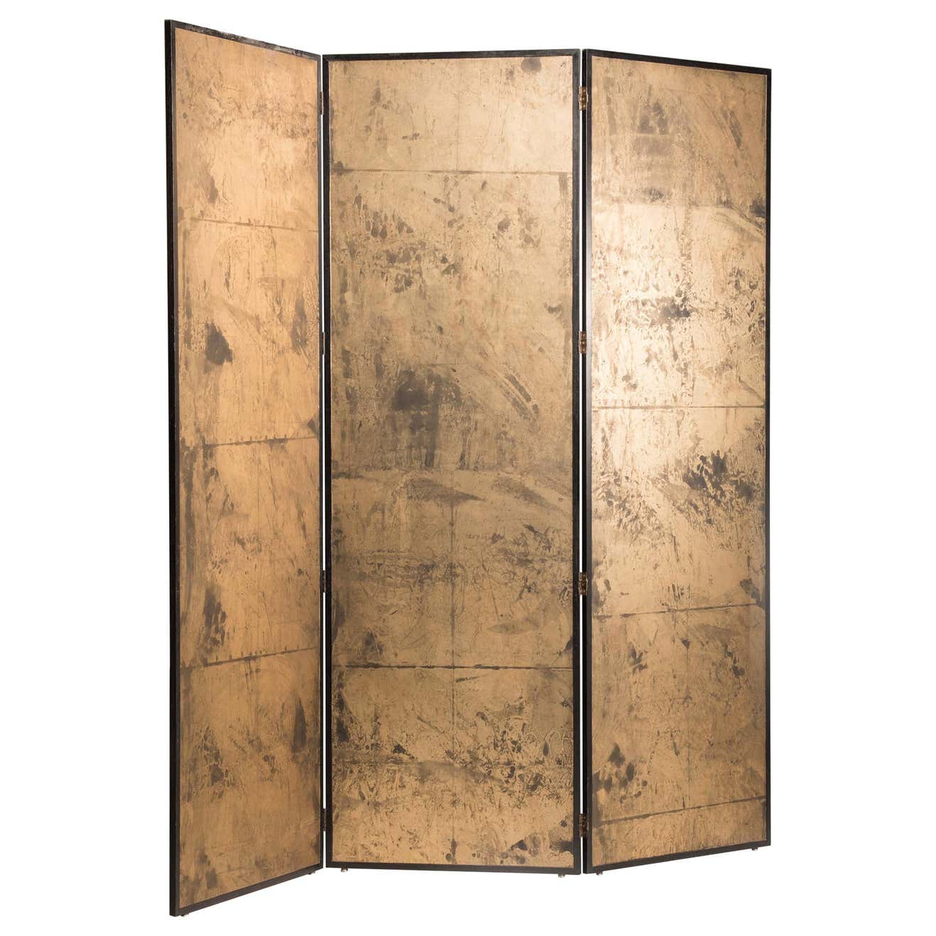 Art Deco Gold on Paper Three Panels Screen Room Divider For Sale at 1stDibs