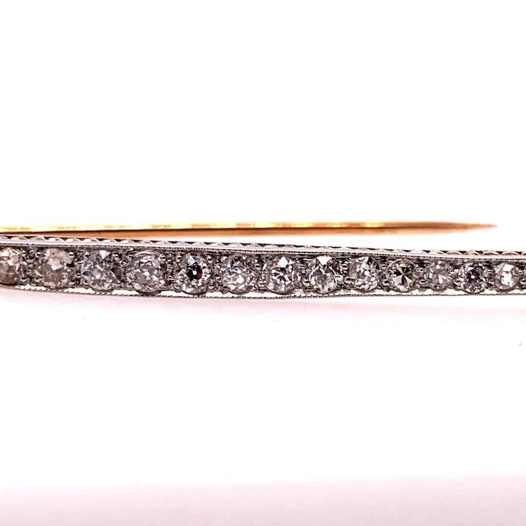 Art Deco Gold Pin 1.50 Carat Natural Old European Diamond Brooche circa 1920 In Good Condition For Sale In Los Angeles, CA