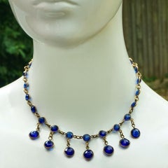 Art Deco Gold Plated and Faceted Cobalt Blue Glass Drops Necklace