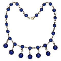 Art Deco Gold Plated and Faceted Cobalt Blue Glass Drops Necklace