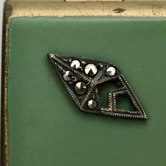 Art Deco Gold Plated and Green Enamel Compact with Marcasite Decoration