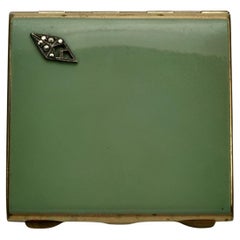 Art Deco Gold Plated and Green Enamel Compact with Marcasite Decoration