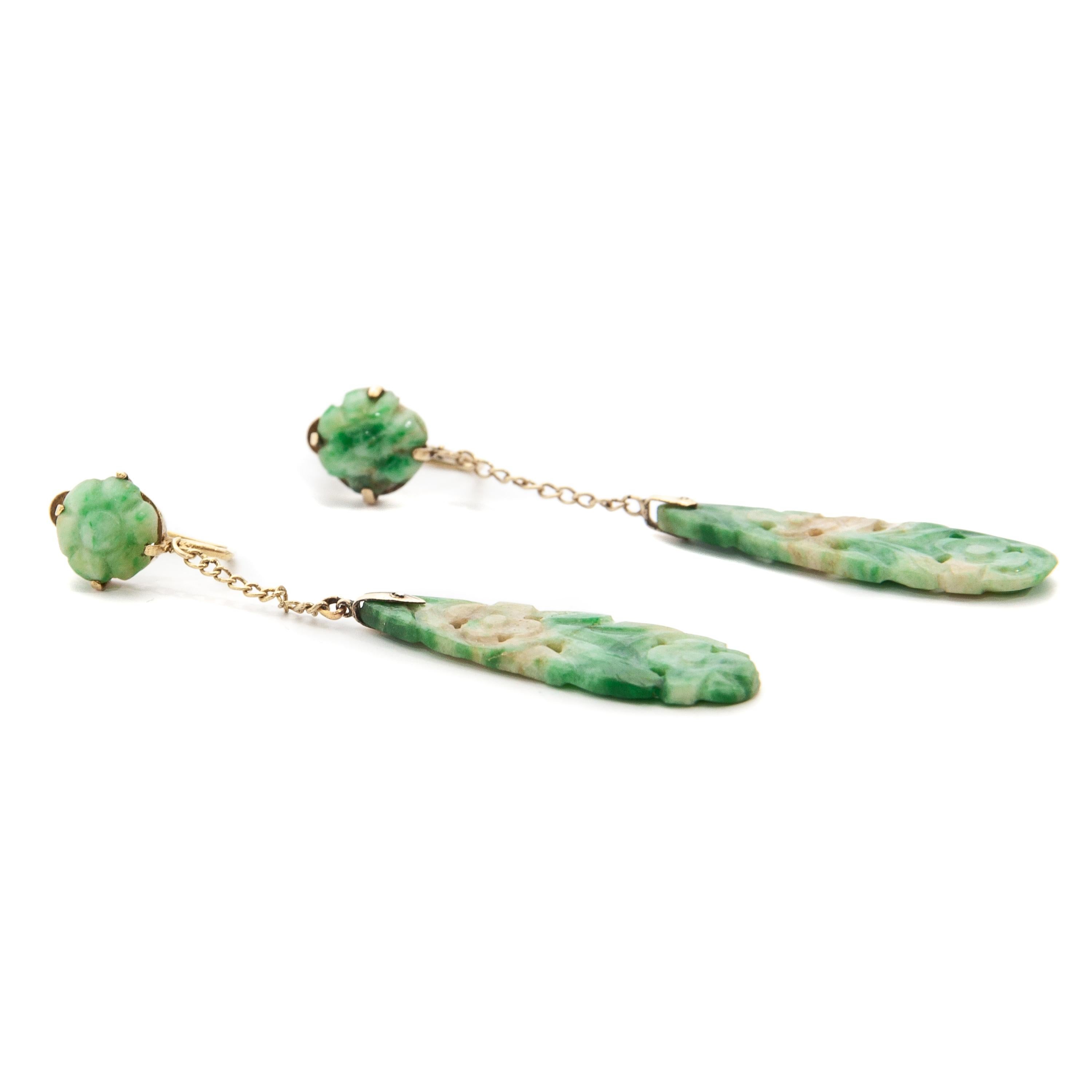 Oval Cut Vintage Art Deco Carved Jade Dangle Earrings