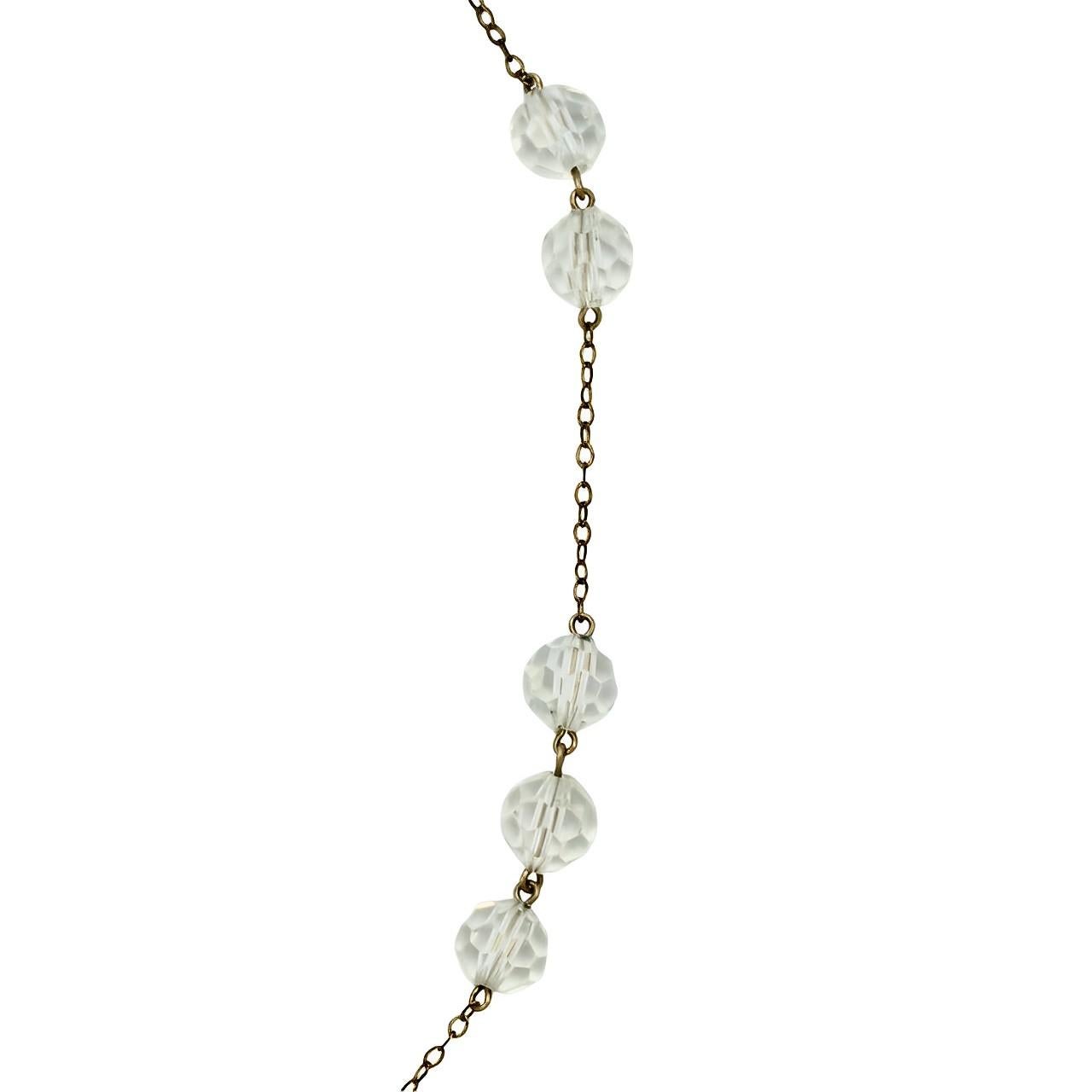 Round Cut Art Deco Rolled Gold Chain Necklace with Clear Faceted Crystal Beads circa 1930s