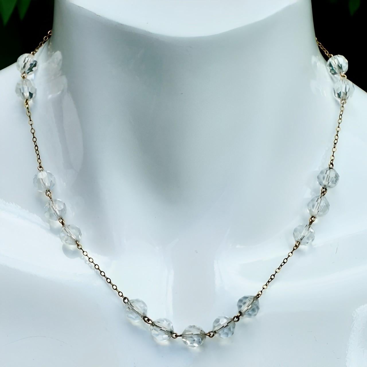 Art Deco Rolled Gold Chain Necklace with Clear Faceted Crystal Beads circa 1930s In Good Condition In London, GB