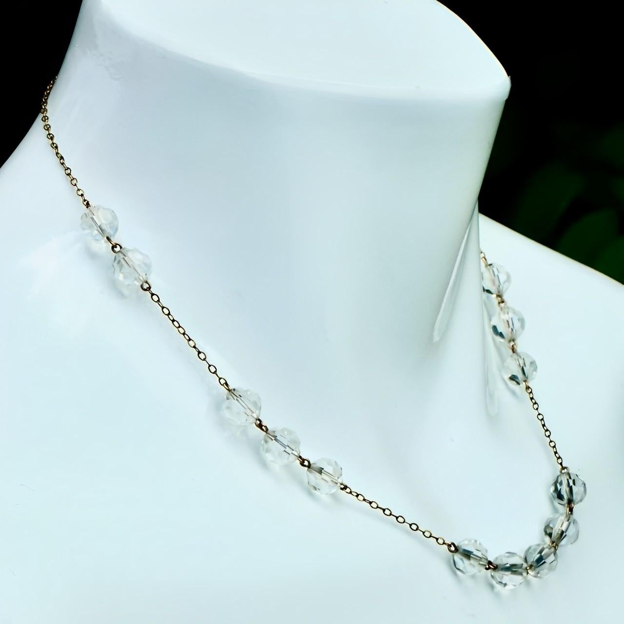 Women's or Men's Art Deco Rolled Gold Chain Necklace with Clear Faceted Crystal Beads circa 1930s