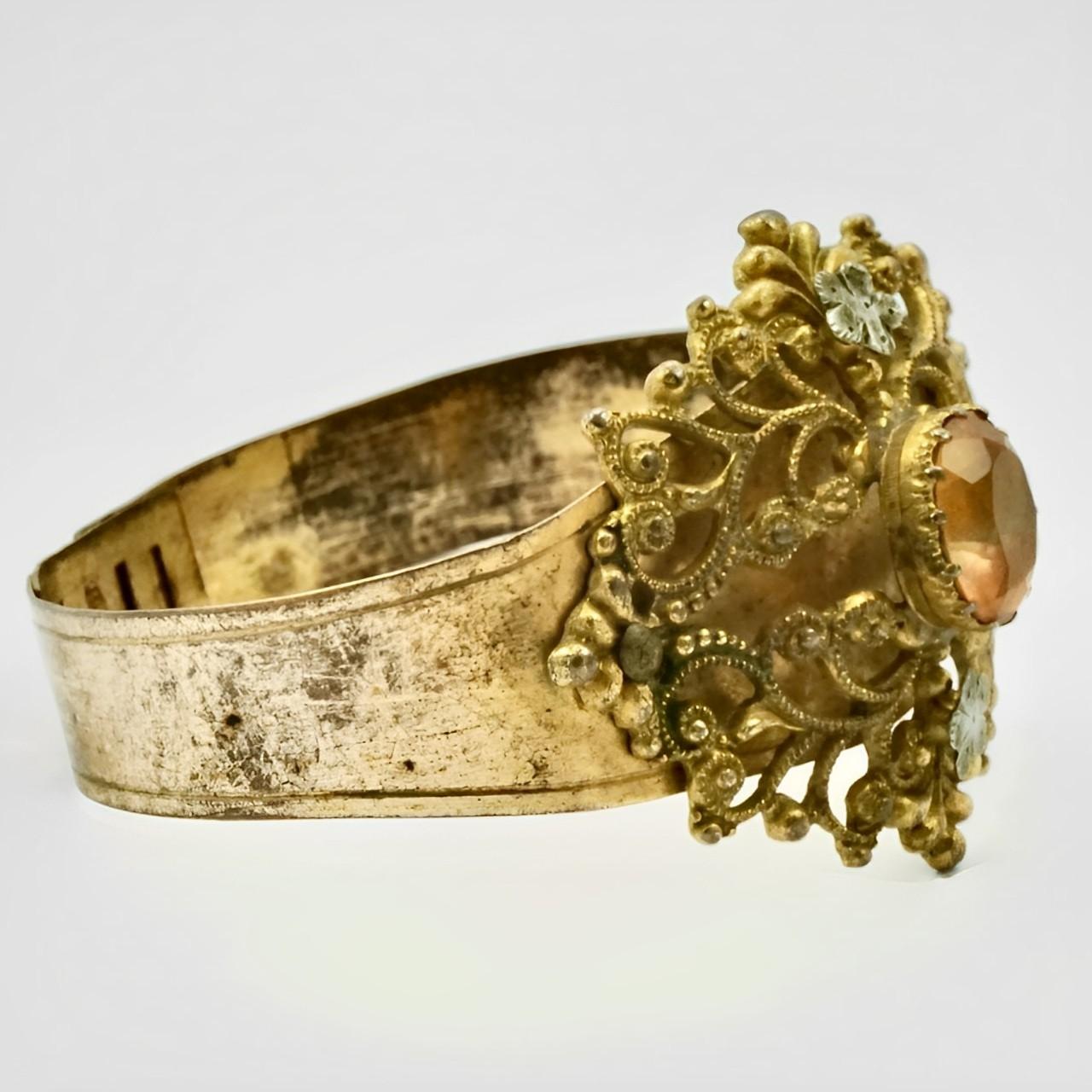 Women's or Men's Art Deco Gold Plated Filigree and Amber Paste Stone Bangle Bracelet circa 1930s For Sale