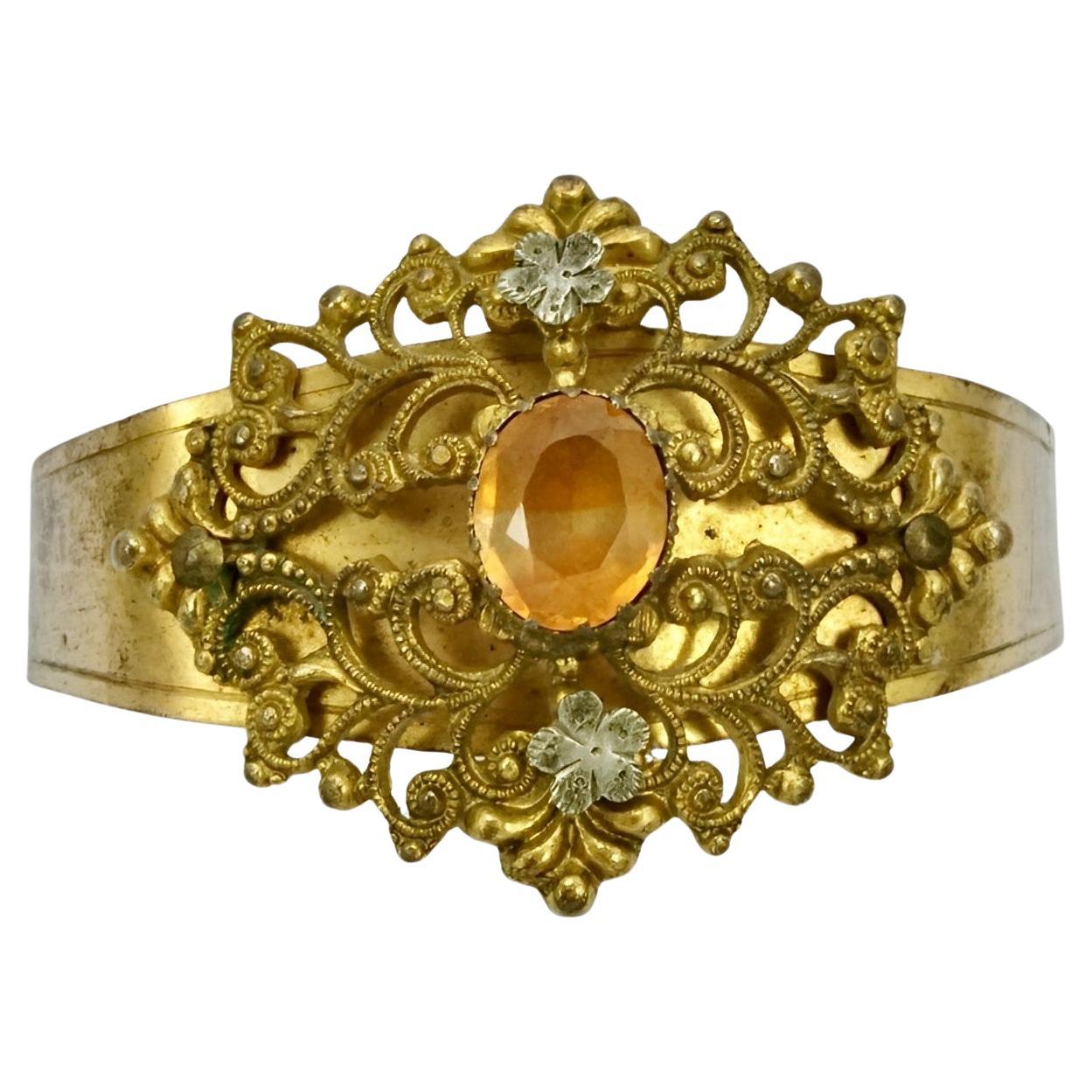 Art Deco Gold Plated Filigree and Amber Paste Stone Bangle Bracelet circa 1930s