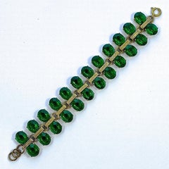 Art Deco Gold Plated Link Bracelet with Emerald Green Paste Stones circa 1930s