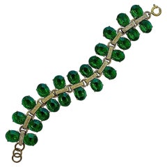 Art Deco Gold Plated Link Bracelet with Emerald Green Paste Stones circa 1930s