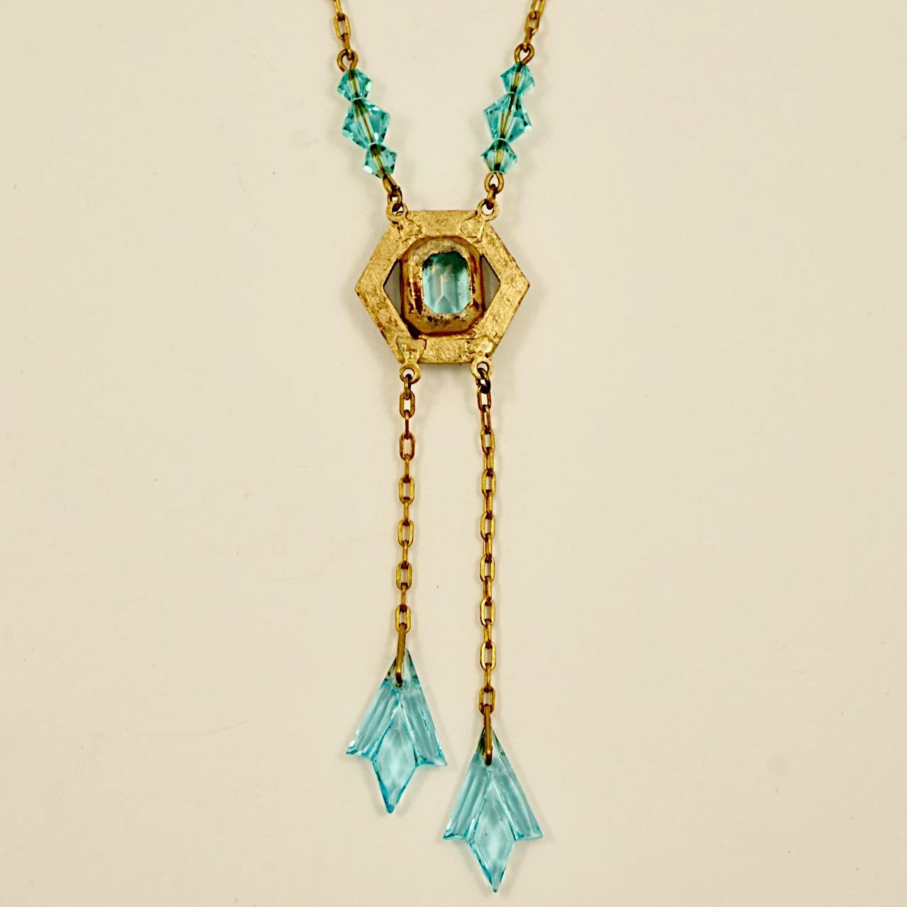 Art Deco Gold Plated Marcasite and Aqua Blue Glass Negligee Necklace In Good Condition For Sale In London, GB