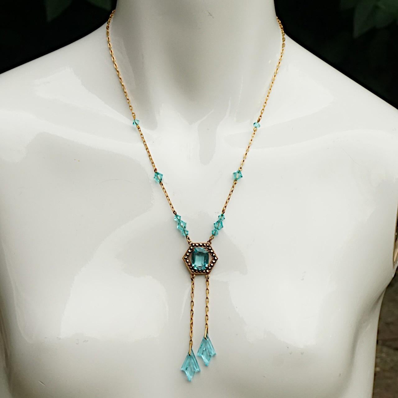 Women's or Men's Art Deco Gold Plated Marcasite and Aqua Blue Glass Negligee Necklace For Sale