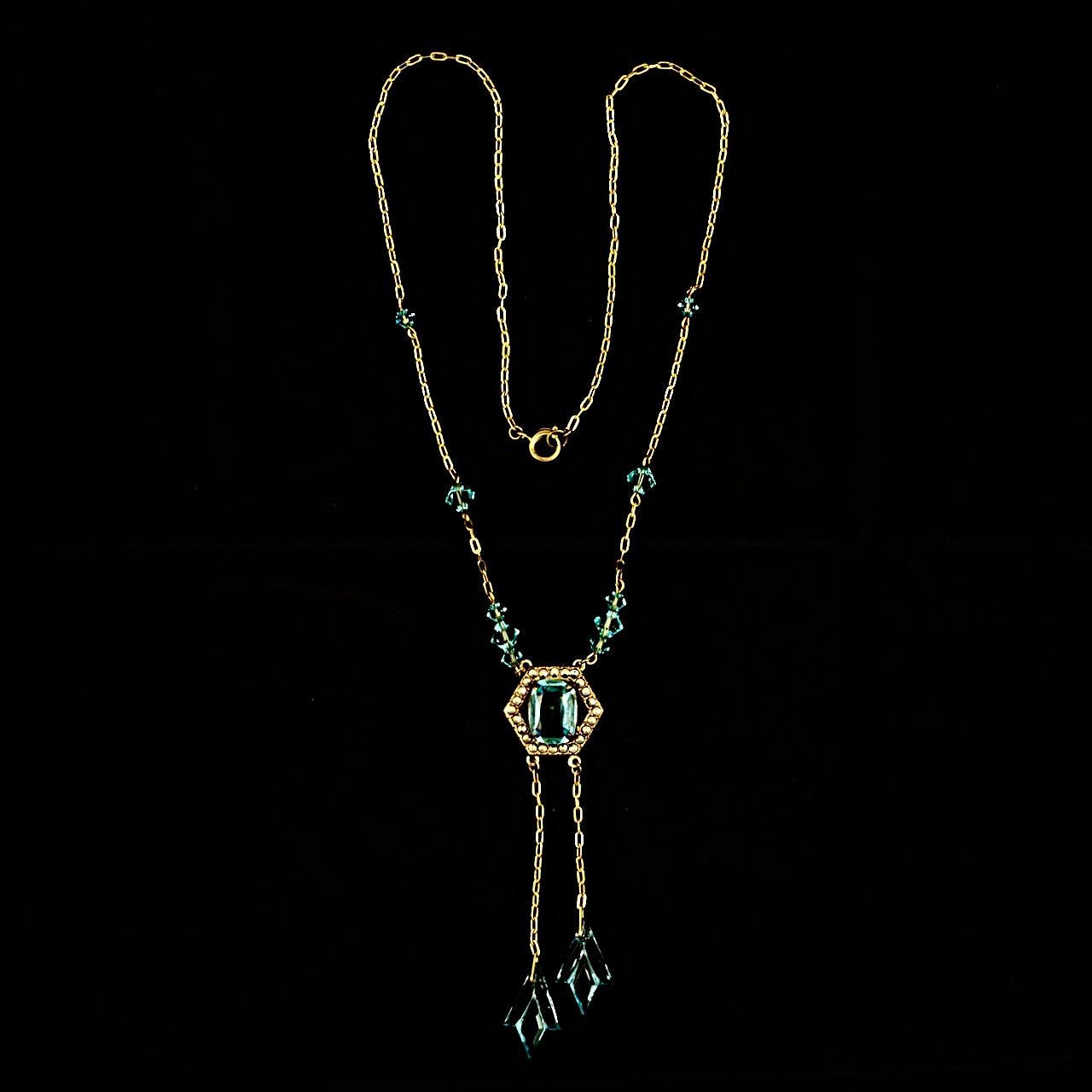 Art Deco Gold Plated Marcasite and Aqua Blue Glass Negligee Necklace For Sale 2