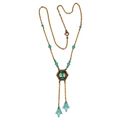 Art Deco Gold Plated Marcasite and Aqua Blue Glass Negligee Necklace