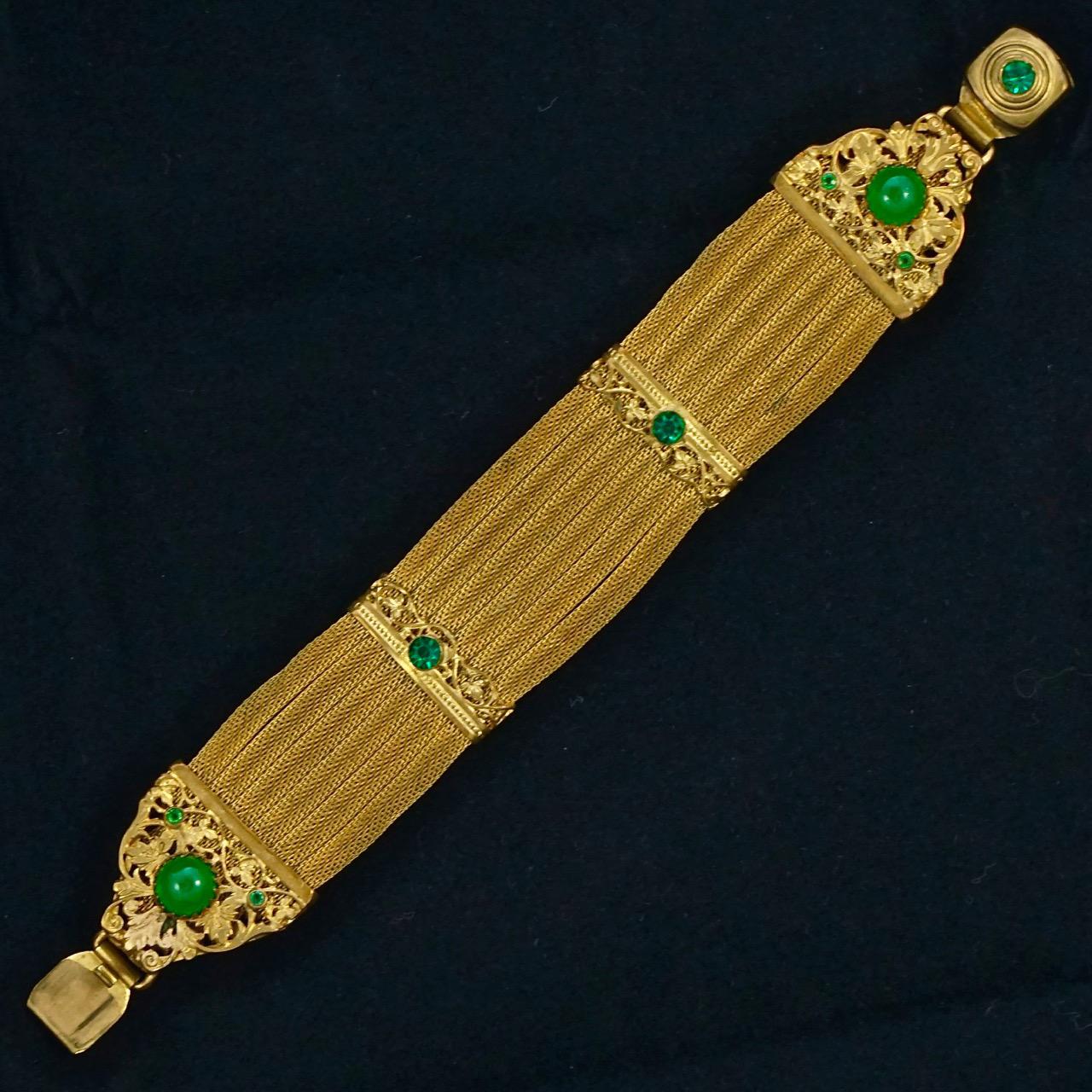 Art Deco Gold Plated Mesh Bracelet with Green Jewels circa 1920s For Sale 4
