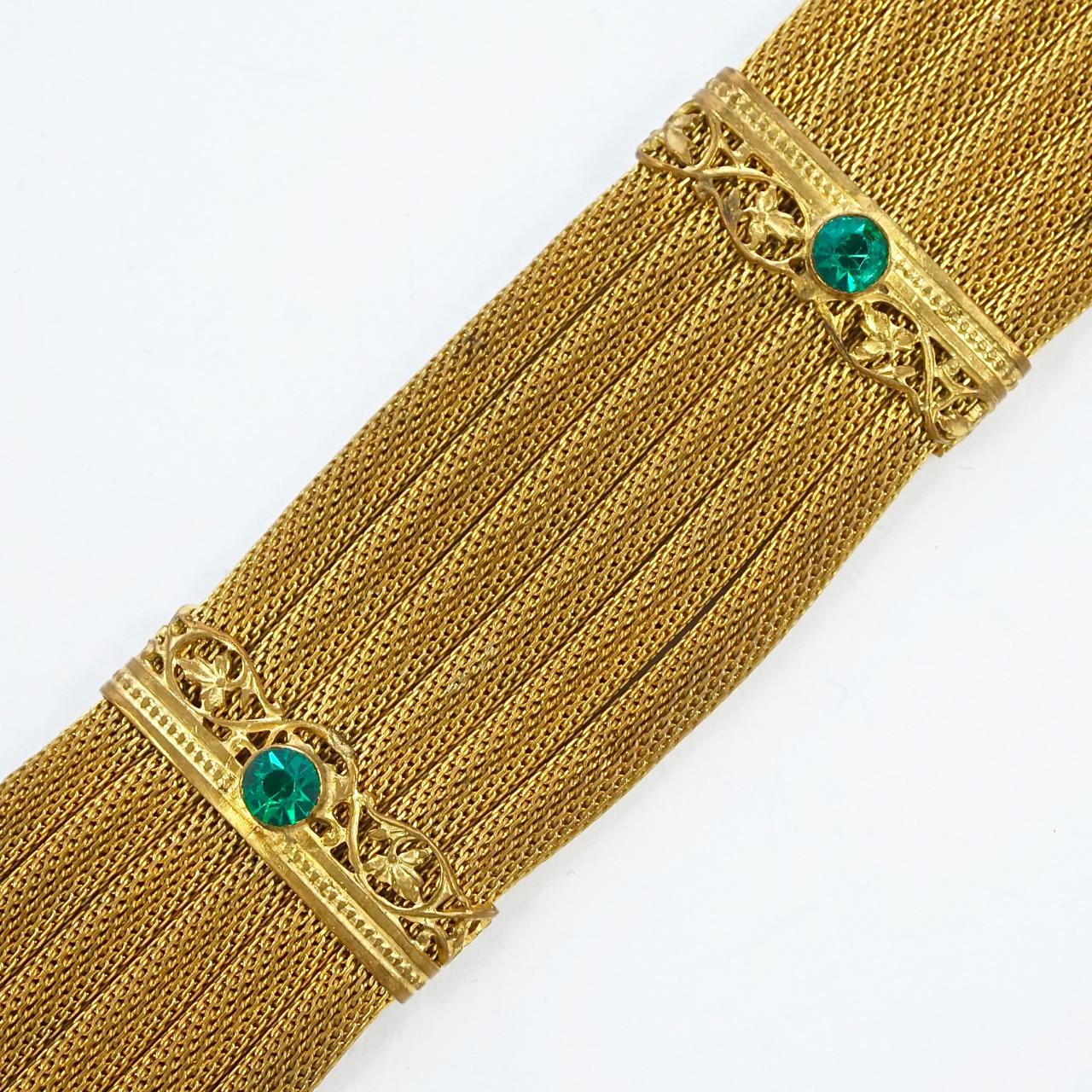 Women's or Men's Art Deco Gold Plated Mesh Bracelet with Green Jewels circa 1920s For Sale