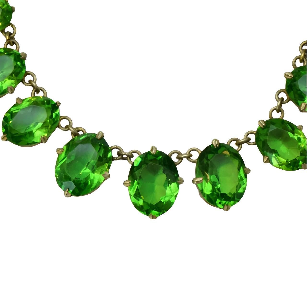 Women's or Men's Art Deco Gold Plated Necklace with Apple Green Paste Stone Drops circa 1930s For Sale
