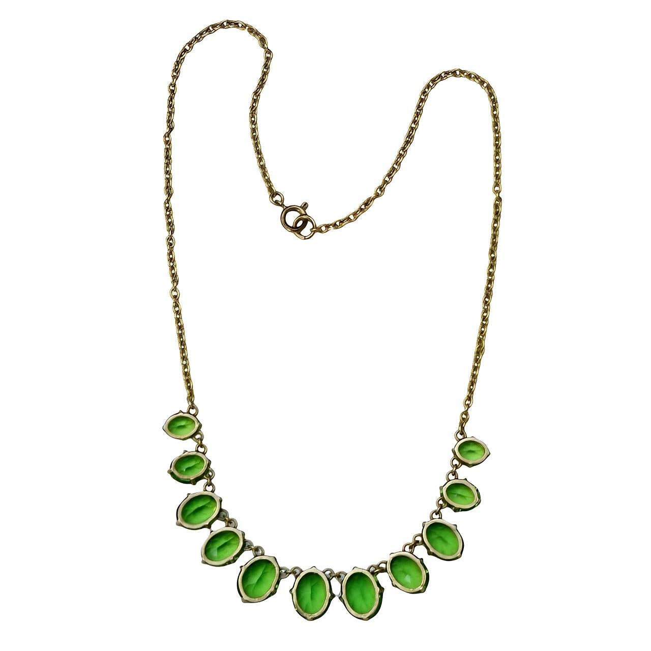Art Deco Gold Plated Necklace with Apple Green Paste Stone Drops circa 1930s For Sale 1