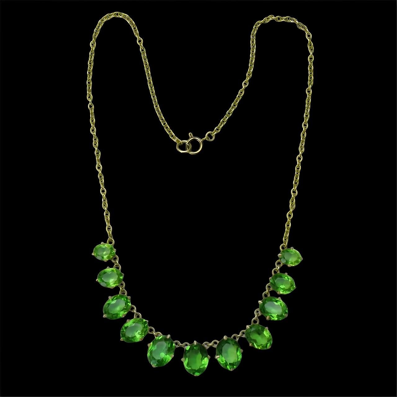 Art Deco Gold Plated Necklace with Apple Green Paste Stone Drops circa 1930s For Sale 2