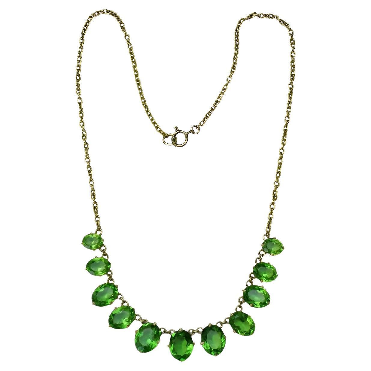 Art Deco Gold Plated Necklace with Apple Green Paste Stone Drops circa 1930s