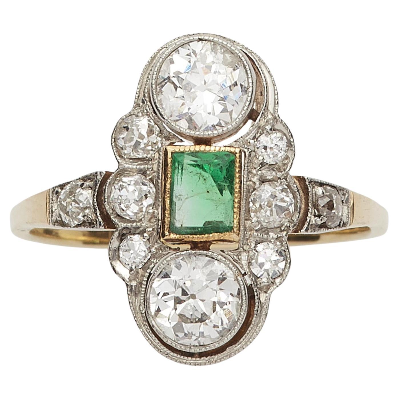 Art Déco Gold Platinum Diamond And Emerald Ring Circa 1920's
