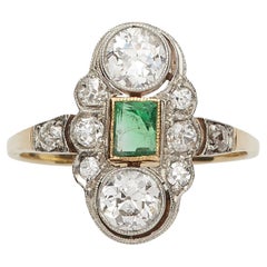 Antique Art Déco Gold Platinum Diamond And Emerald Ring Circa 1920's