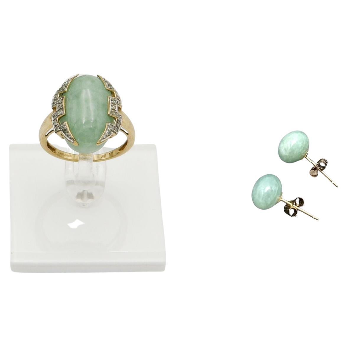 Art Deco gold ring with diamonds and jade + jade earrings, set of 3. For Sale