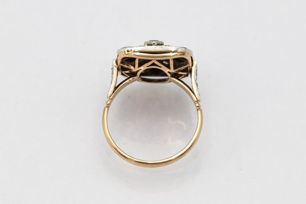 Anillo Art Decó de oro con diamantes y zafiros, años 1930/1940. Corte europeo antiguo en venta