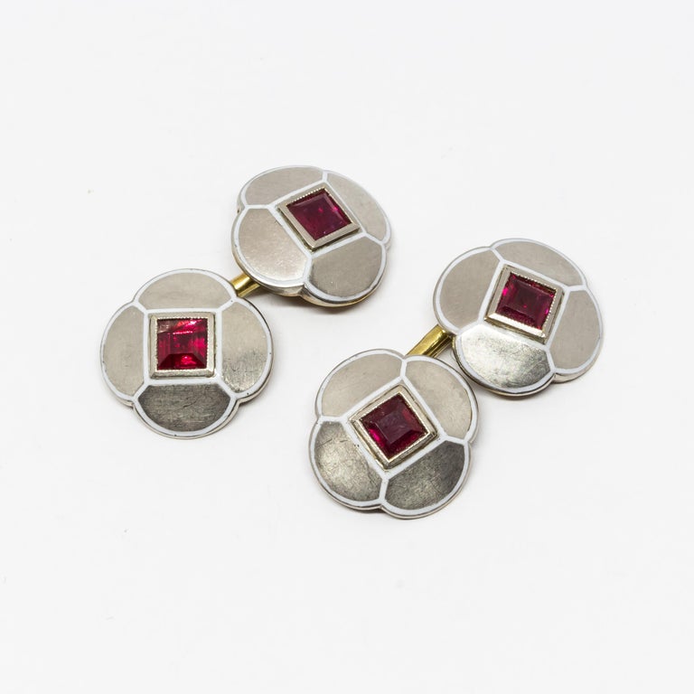 Square Cut Art Deco Gold, Ruby and Enamel Dress-Set For Sale