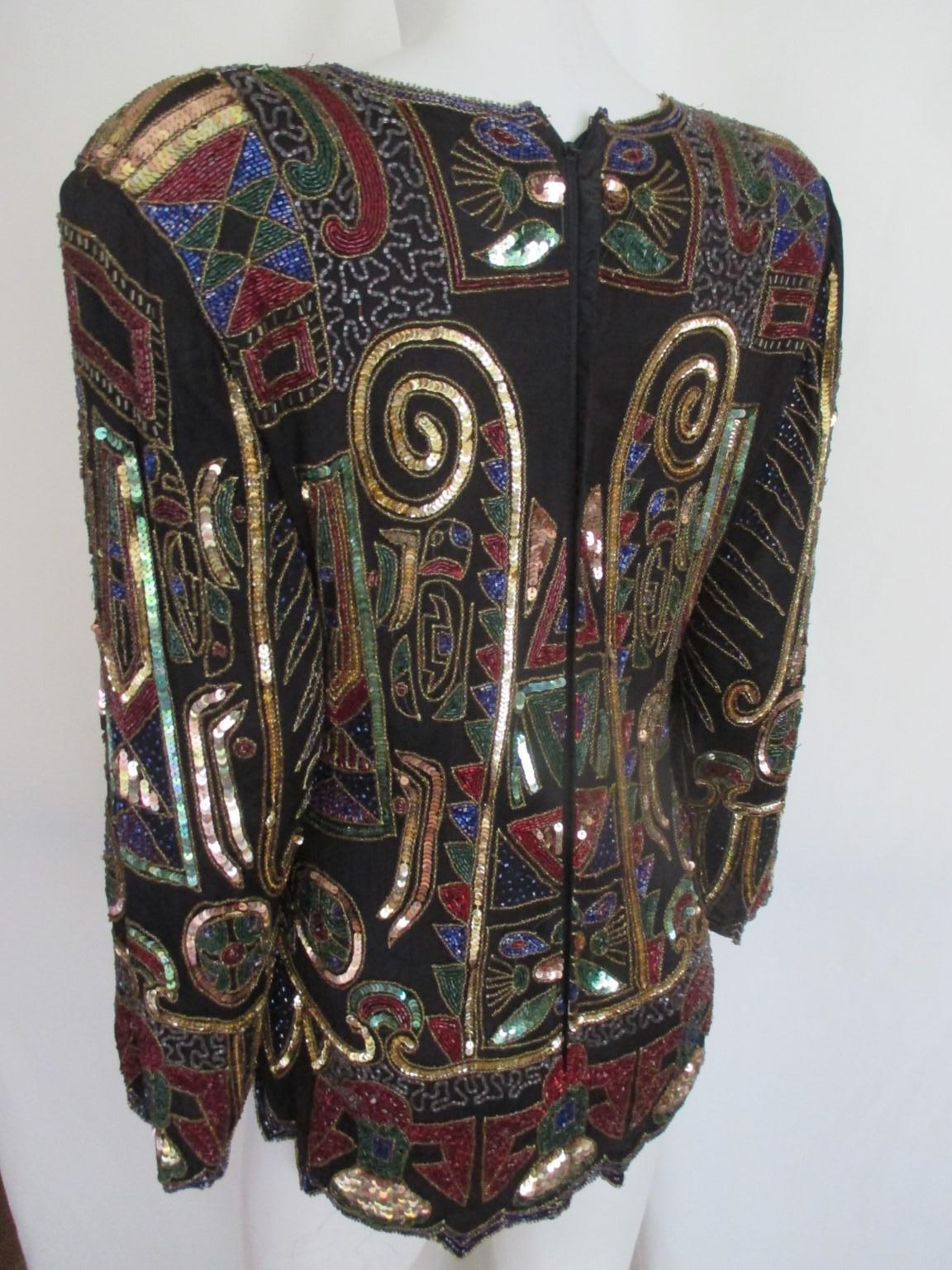 Art Deco Gold Sequins Black Silk Top For Sale 1